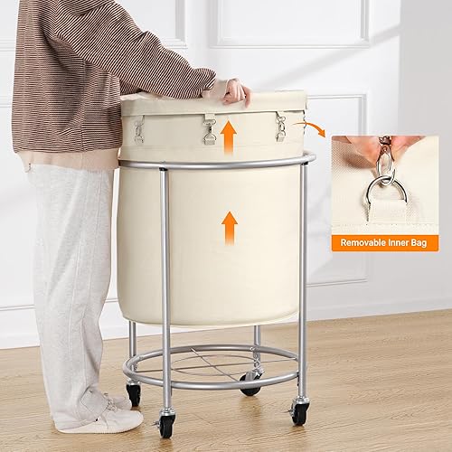 Miniatura 5 de ELYKEN Cesta de lavandería con ruedas, cesta de lavandería enrollable de 170 litros con bolsa extraíble y marco de acero, carrito de lavandería