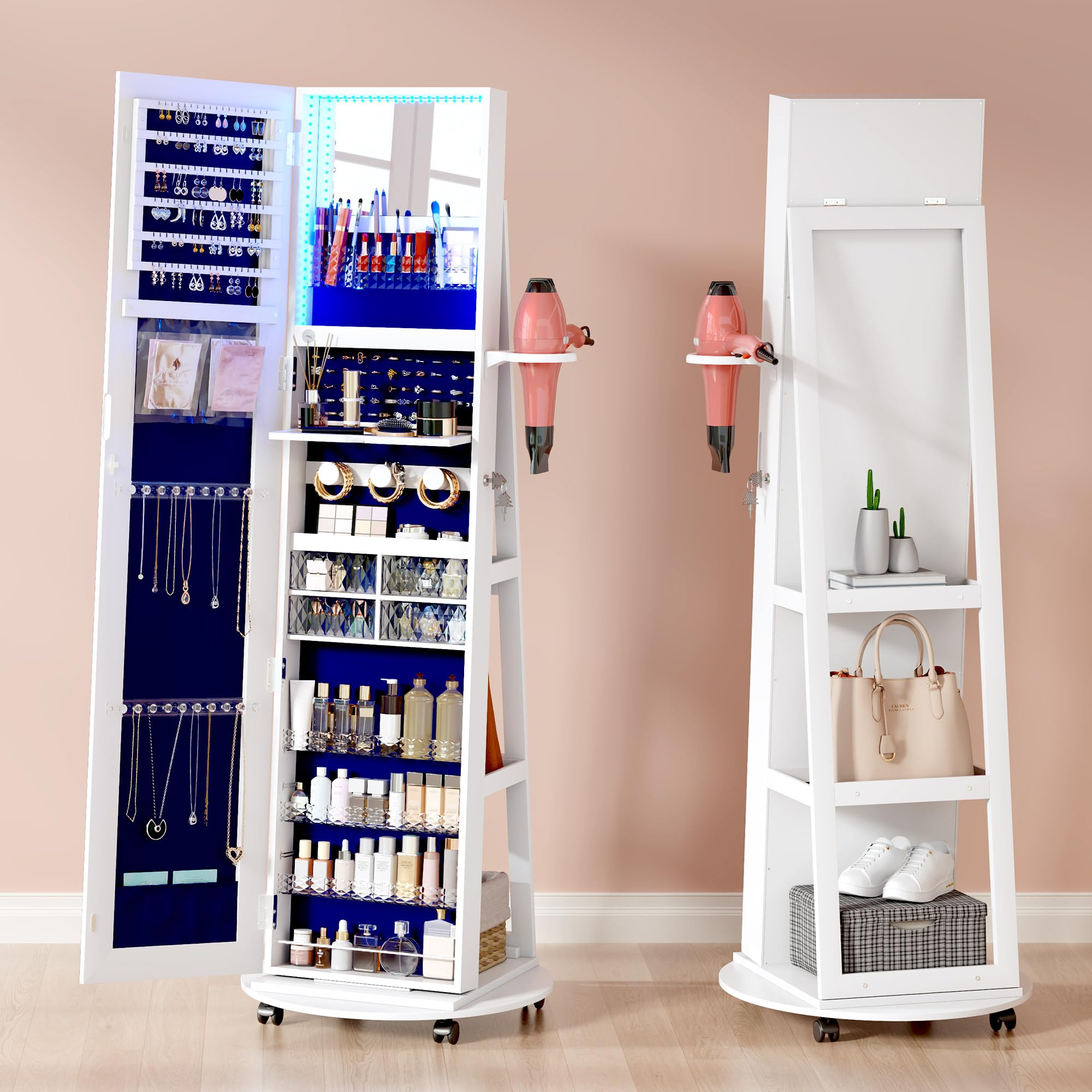 Lvifur 360°Swivel Jewelry Cabinet with Full Length Mirror,LED Jewelry Armoire with Built-in Mirror,Lockable Mirror Cabinet Standing with Rear Storage Shelf,Lockable Wheels,Foldable Makeup Shelf