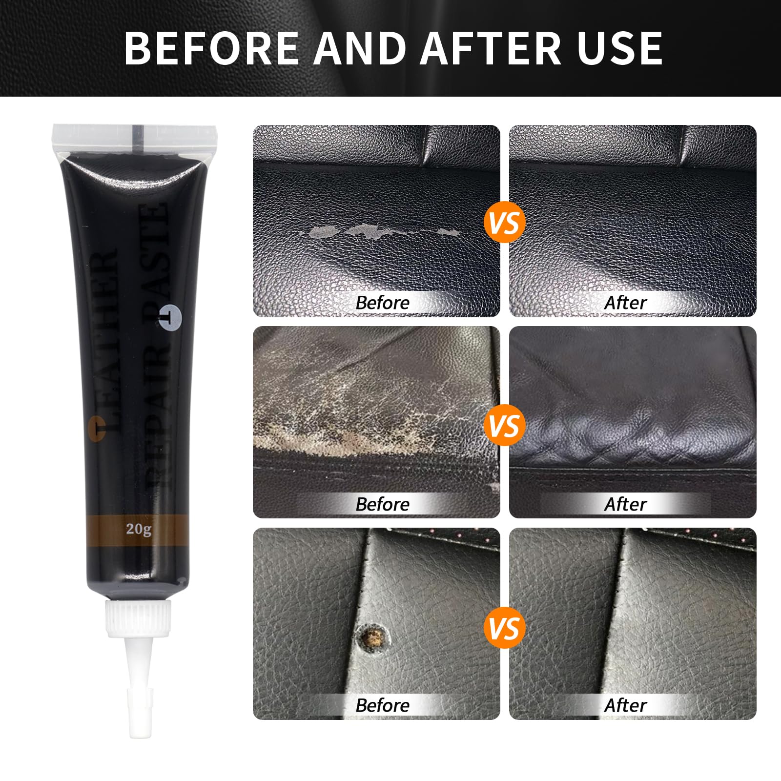 Kit Riparazione Pelle Nero 60g, Stucco per Pelle Nero, Ripara Ecopelle, per la Riparazione di Graffi, Scolorimenti e Fori su Divani in Pelle, Sedili Auto, Scarpe, Portafogli e Pelle Sintetica