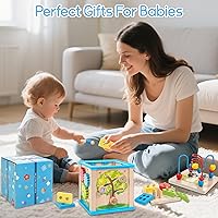 Vista 7 de Cubo de Actividades de Madera 7 en 1, Juguetes Montessori para Niños Pequeños de 1 Año, Juguetes Educativos de Desarrollo para Bebés, Regalos de Azul