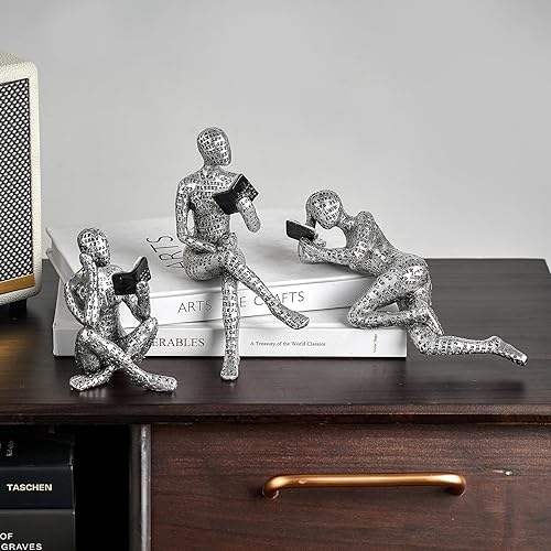 TIMEBUS 3 piezas de estatuas de lectura plateadas para pensador, decoración de pulpa para mujer, decoración para sala de estar, oficina, esculturas