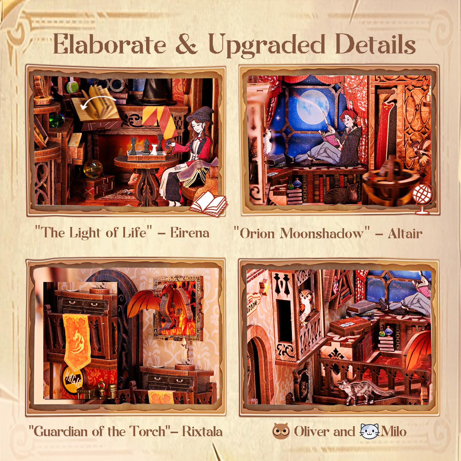 Cutefun DIY Book Nook Kit, Case delle bambole, Reggilibri Scaffale Inserto Decorazione con fogli di polvere plug-able e luce LED,Kit di Costruzione di Modellini in Legno per Casa delle Bambole(RK01B)