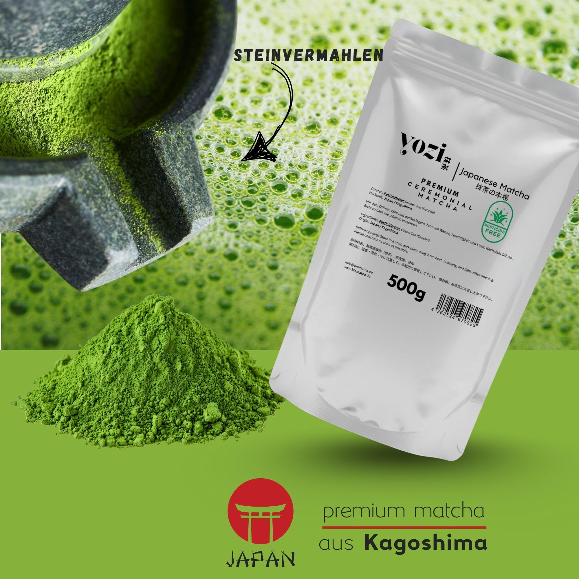Yozi high ceremonial grade Matcha Pulver | aus Japan - Kagoshima | Pestizidfreier Matcha in höchster Reinheit | Premium Matcha Tee Pulver Single Origin | ersten Ernte (500g Vorratspack)