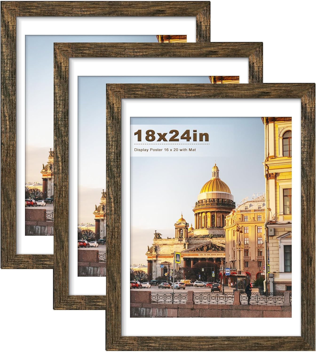 Picrit 18x24 Picture Frame 3 Pack, Brown Poster Frame, Display Poster 16 x 20 with Mat or 18 x 24 without Mat for Horizontal or Vertical Wall Mounting