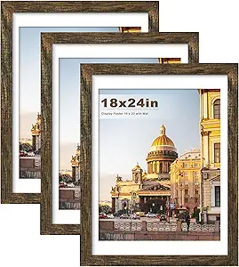 Picrit 18x24 Picture Frame 3 Pack, Brown Poster Frame, Display Poster 16 x 20 with Mat or 18 x 24 without Mat for Horizontal or Vertical Wall Mounting
