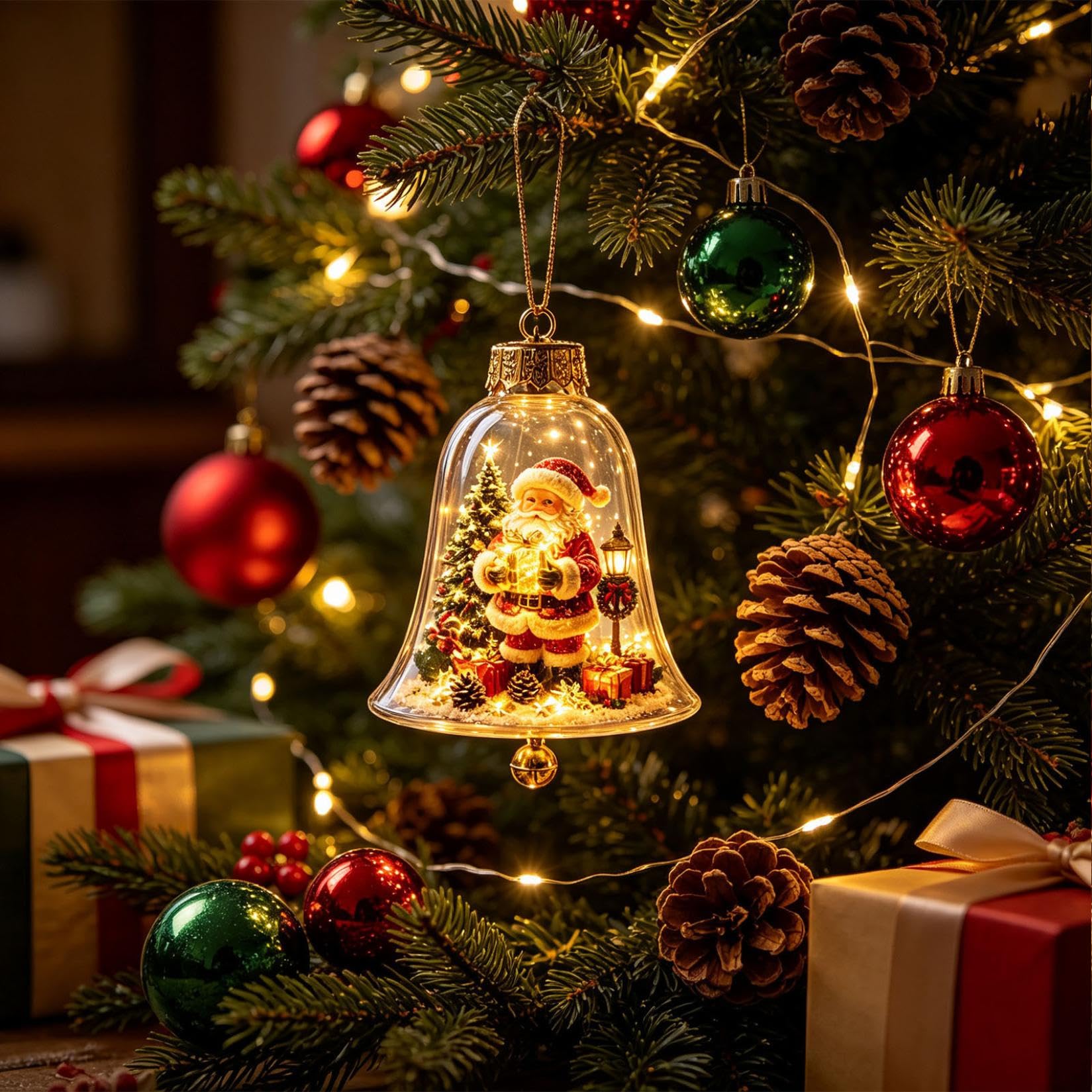 3D Glowing Christmas Story Ornament, Miniature Xmas Scene in Clear Acrylic Ball with Warm Led Light, Festive Keepsake Gift for Home Xmas Party Decoration (1, Santa-B)