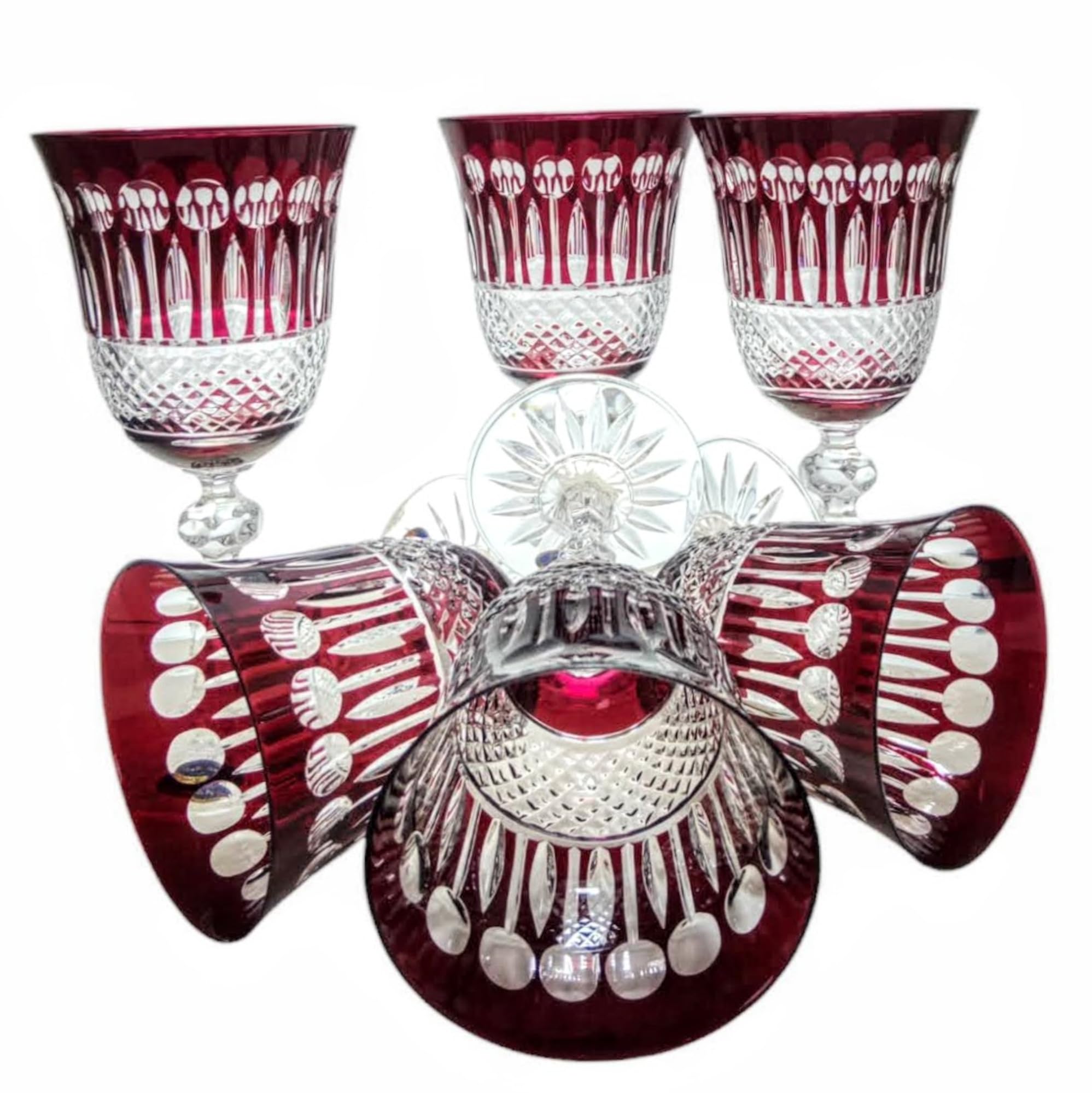 Exklusive Kristall Weingläser 220 ml – Handgefertigte Weinkelche mit Gravur – Luxuriöse Kristallgläser für Rotwein & Wasser – Set mit 6 Gläsern in Geschenkbox - Rubin