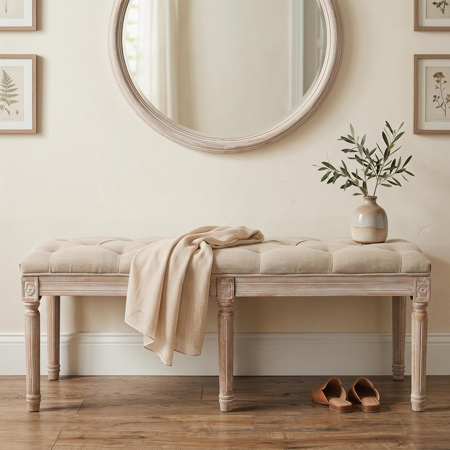 Tufted Dining Bench French Vintage Fabric Upholstered Wood Dining Room Bench Rustic Entryway Bench Bedroom End Bed Bench, Beige 45" Long
