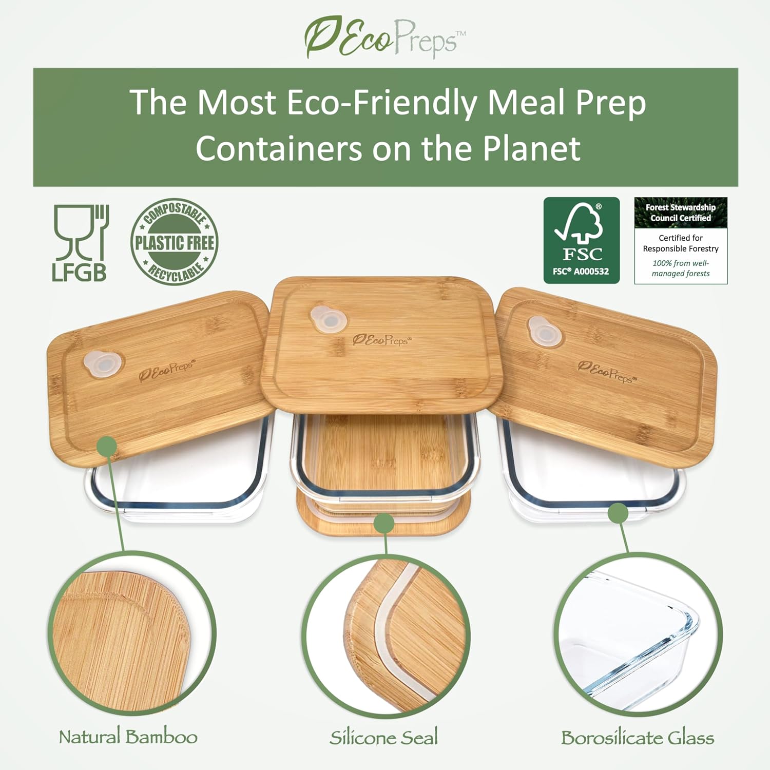 Glass Meal Prep Containers with Bamboo Lids (3 Pack) - 100% Plastic Free, Eco-Friendly Lunch Containers, Bamboo Lid Storage Container Set - Microwave Safe Glass Food Storage Container Set