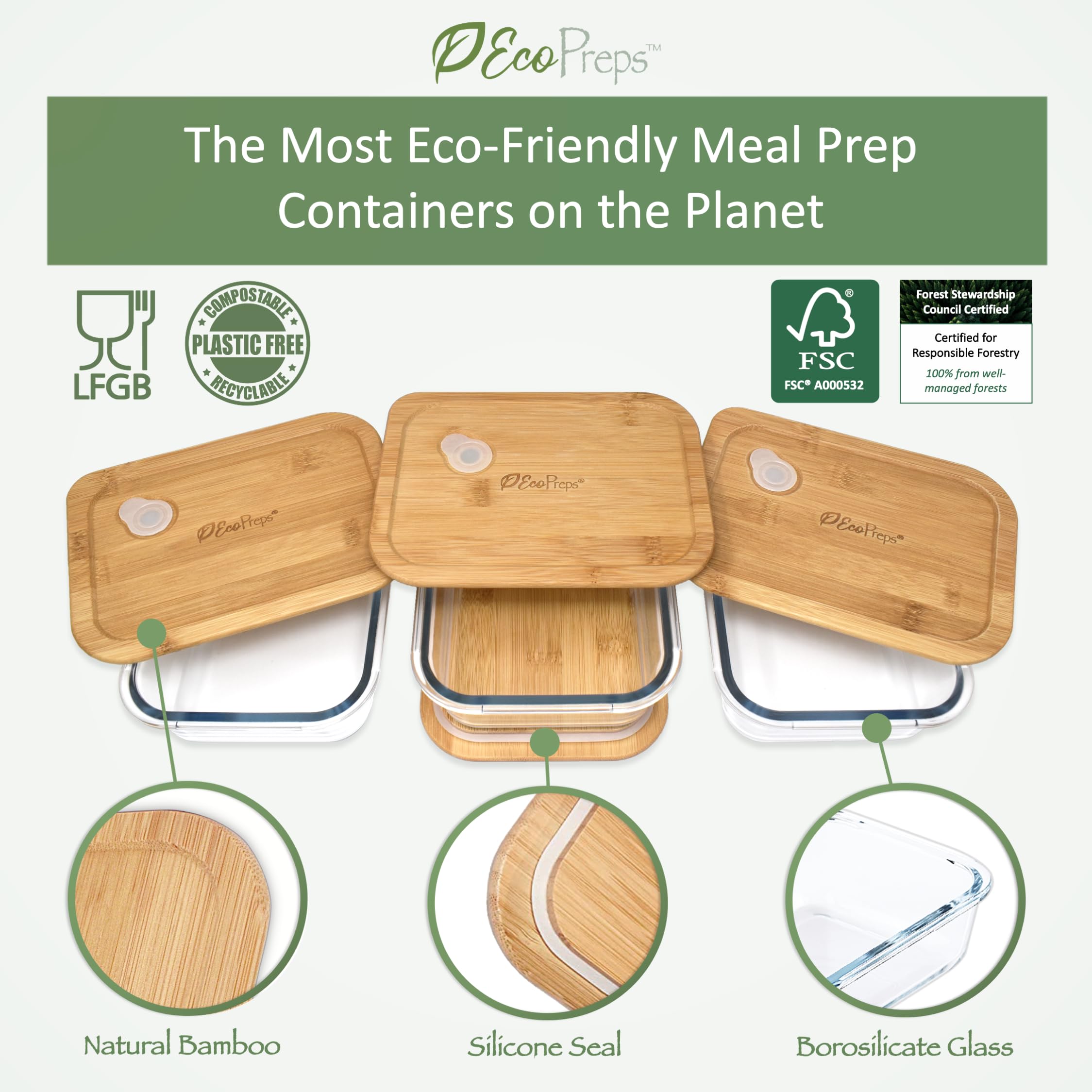 EcoPreps Glasbehälter mit Bambusdeckel (3er-Pack) – 100% plastikfrei, umweltfreundliche Lunchbehälter, Bambusdeckel-Aufbewahrungsbehälter-Set – mikrowellengeeignetes Glas-Frischhaltedosen-Set