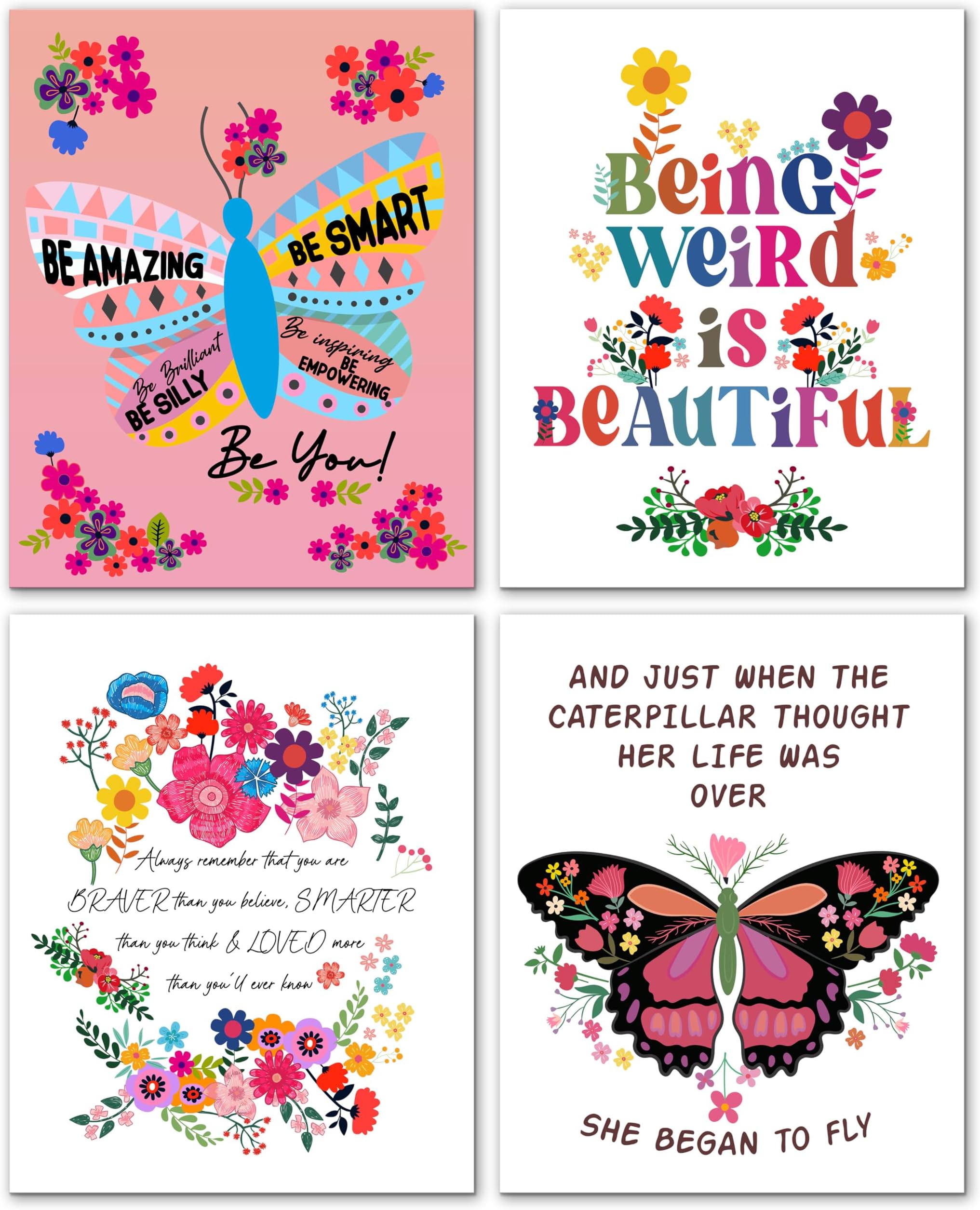 Butterfly Posters Set of 4, Colorful Flowers Inspirational Quotes Wall Art Prints For Girls Women, Christian Floral Room Decor Pictures, 8x10 Inch Pictures For Bedroom Home Dorm(A03)