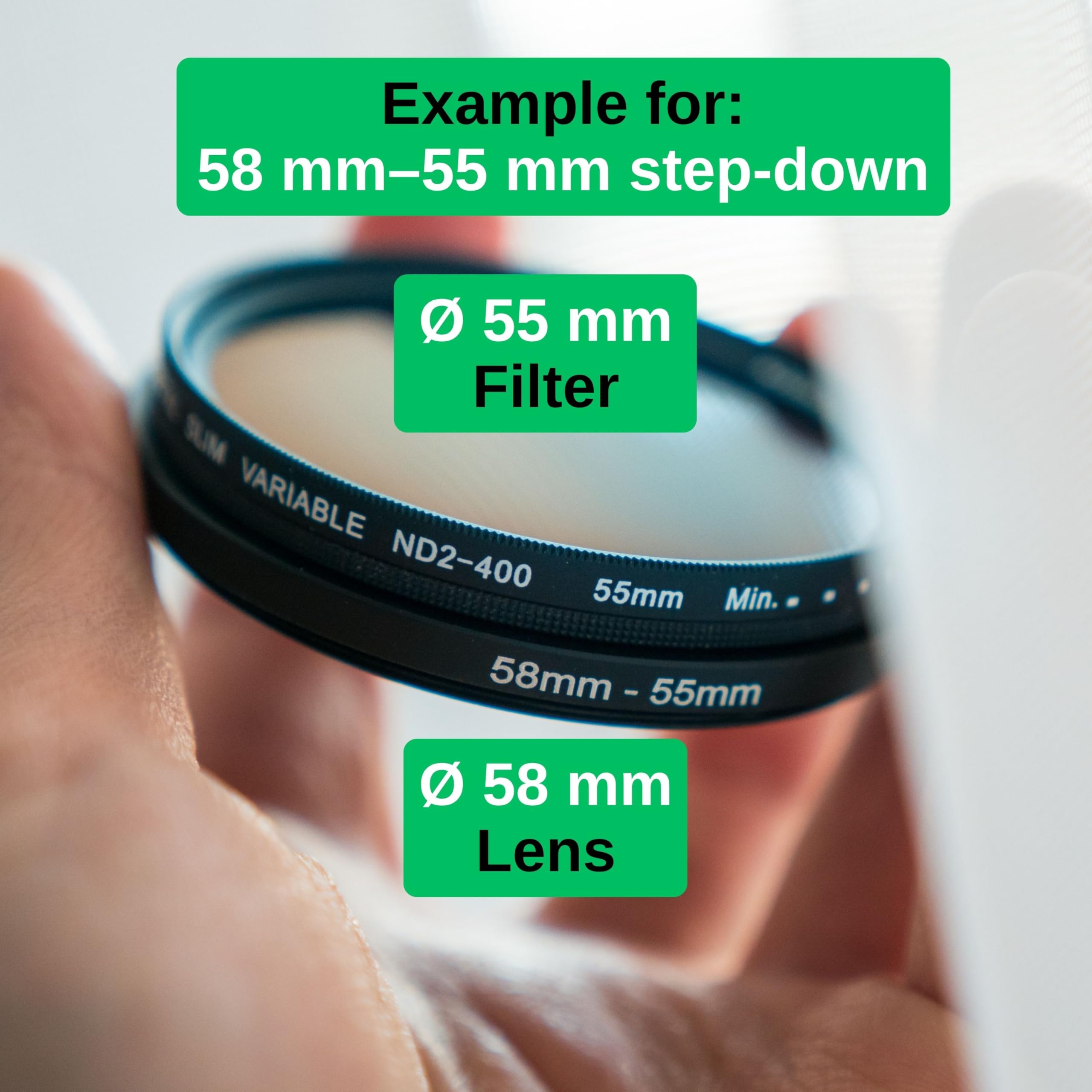 Step Down Ring, Ø 58 à 55 mm de diamètre, Compatible avec Les objectifs de Fabricants tels Que Canon, Sony, Nikon, Fujifilm, Adaptateur de Filtre pour Objectif d'appareil Photo, Step-Down Ring alu