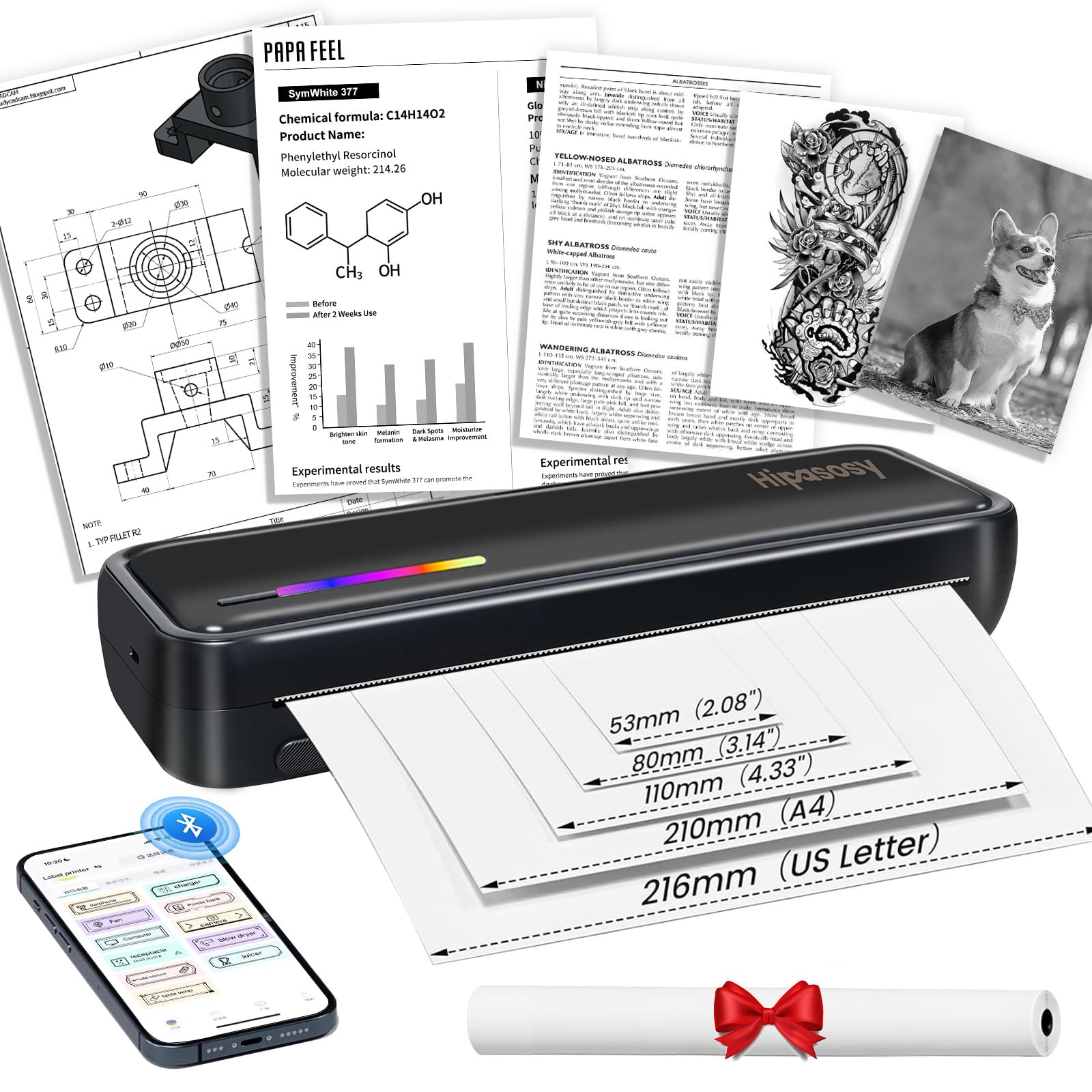 Portable Thermal Wireless Printers for Home Use, Inkless-Bluetooth-Printer Support for 8.5"x11" US Letter &amp; A4 Size Thermal Paper Compatible with iOS, Android &amp; Laptop for Tattoo,Travel,Office,Black