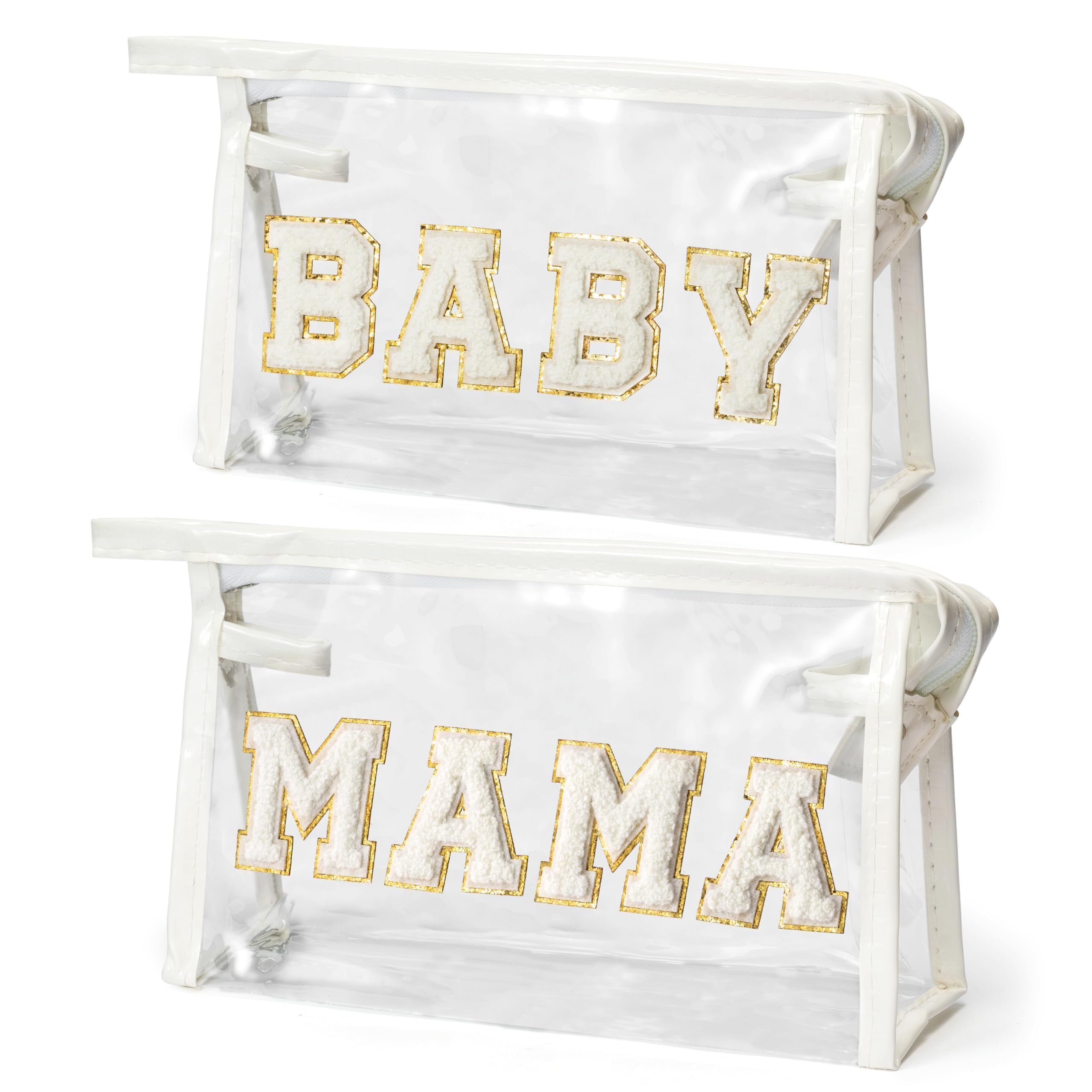 EZdhuawuse Mother's Day Cosmetic Bags - 2Pcs Summer Preppy Patch White MAMA BABY Chenille Varsity Letter Clear Toiletry Makeup Bag Aesthetic Waterproof Portable Makeup Pouch Clutch Purse for Mom