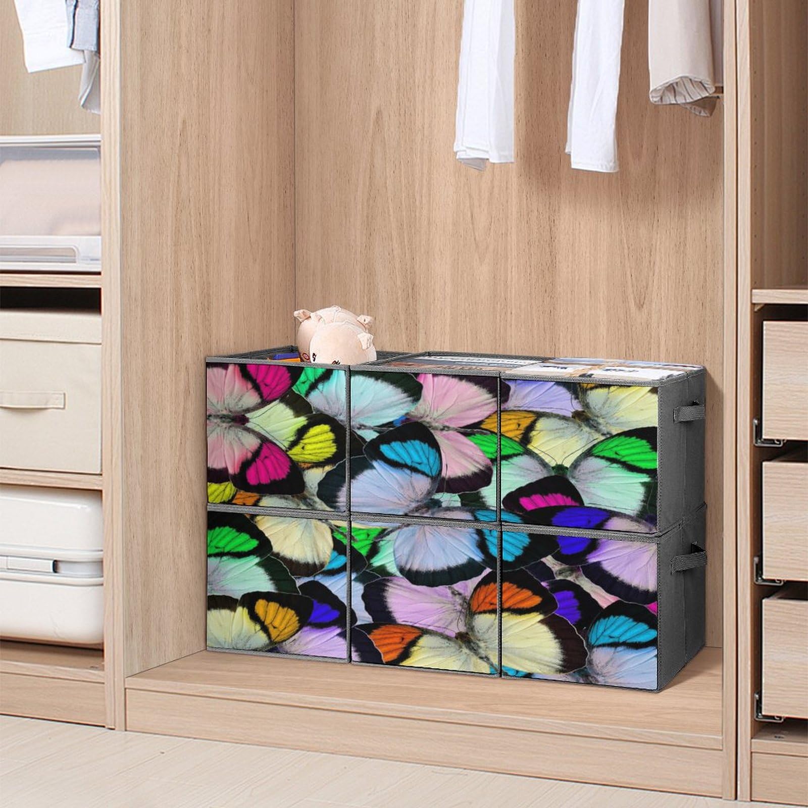 Składane kostki do przechowywania, akwarela, sztuka, motyl, 6-pak materiałowych pojemników do przechowywania z uchwytami, ubrania, koc, zabawki, organizer do domu, biura, 28 x 28 cm