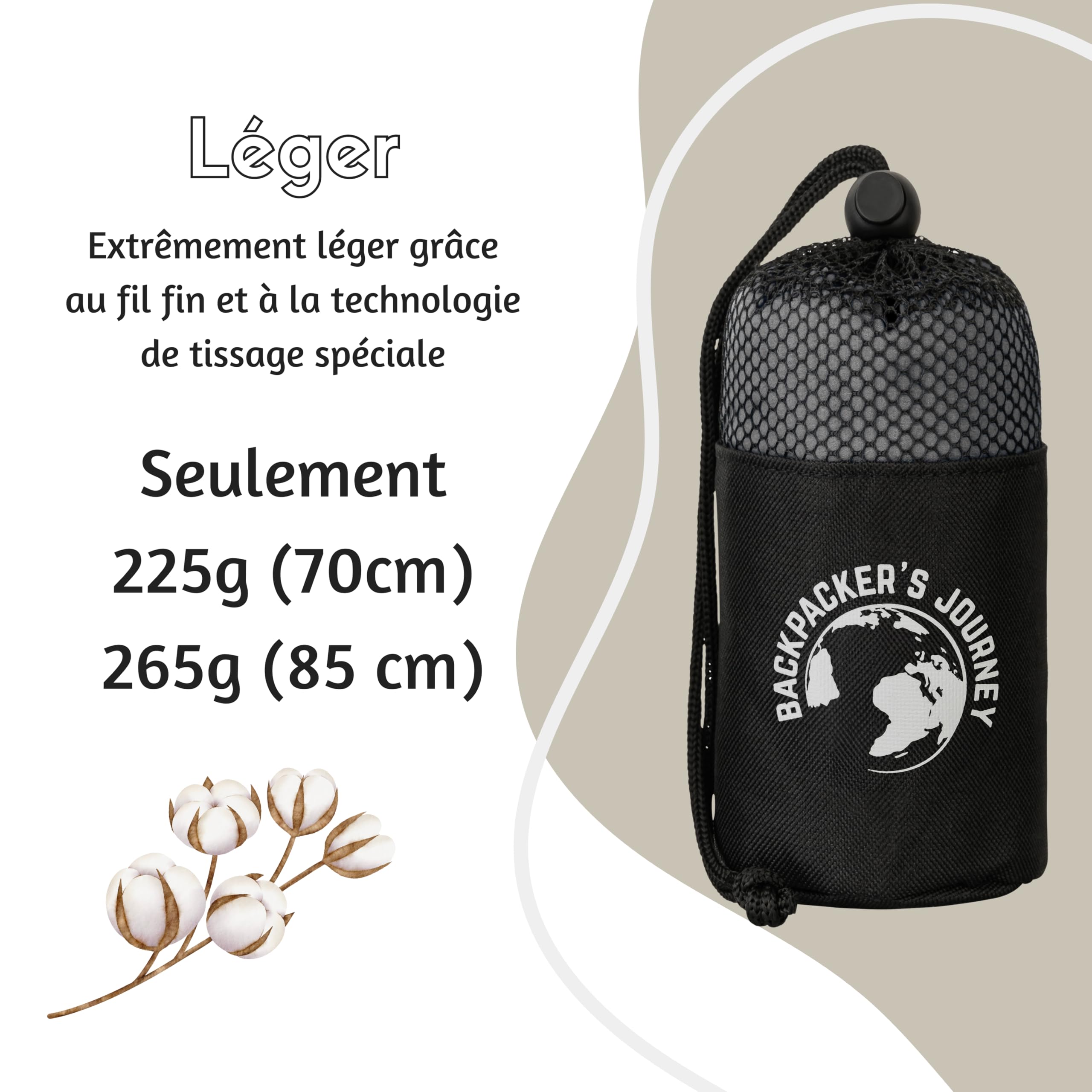 Backpacker's Journey Drap de Sac de Couchage Ultra léger (Seulement 225 g) en 100% Coton. Sac de Couchage hygiénique sans Fermeture éclair (Pas de Puissance Thermique)
