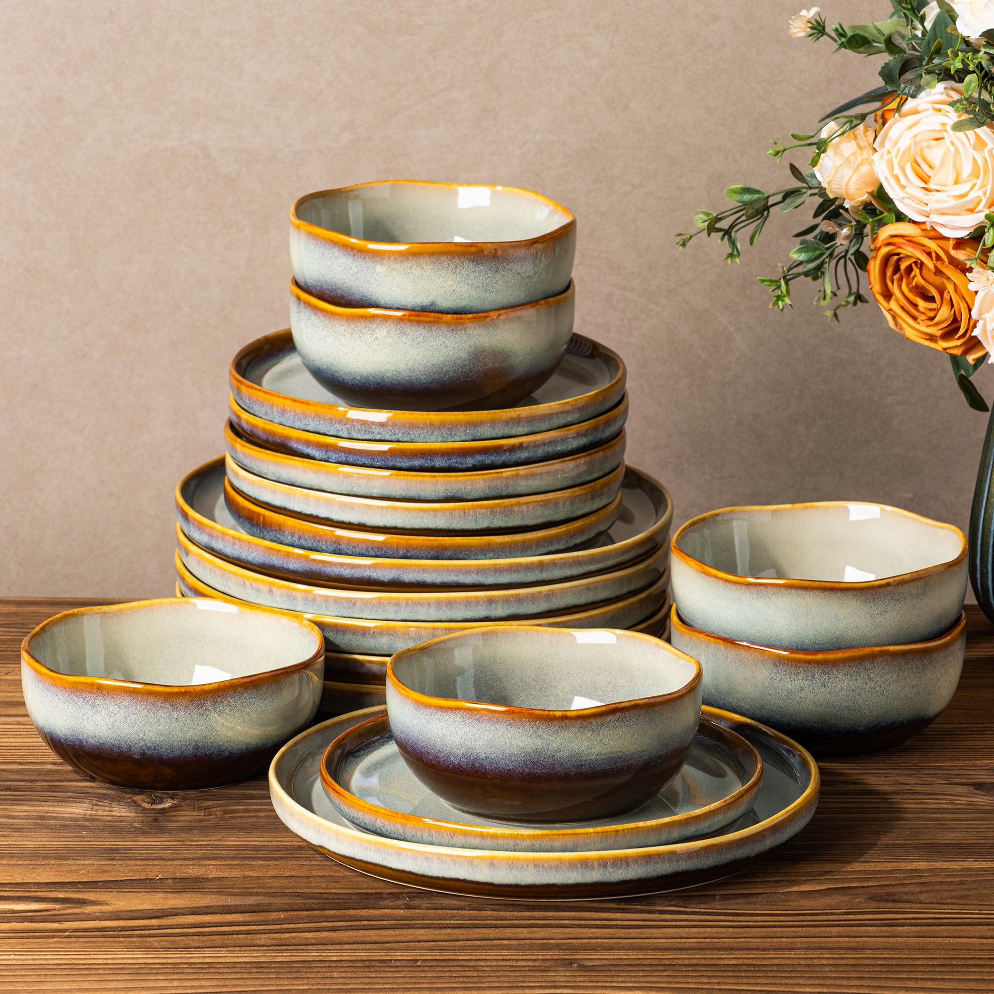 TheTerra Ceramic Dinnerware Set for 6, 18-Piece Plates and Bowls Set | Handmade Reactive Glaze Dish Set, Scratch Resistant, Oven &amp; Microwave &amp; Dishwasher Safe, Mocha Brown