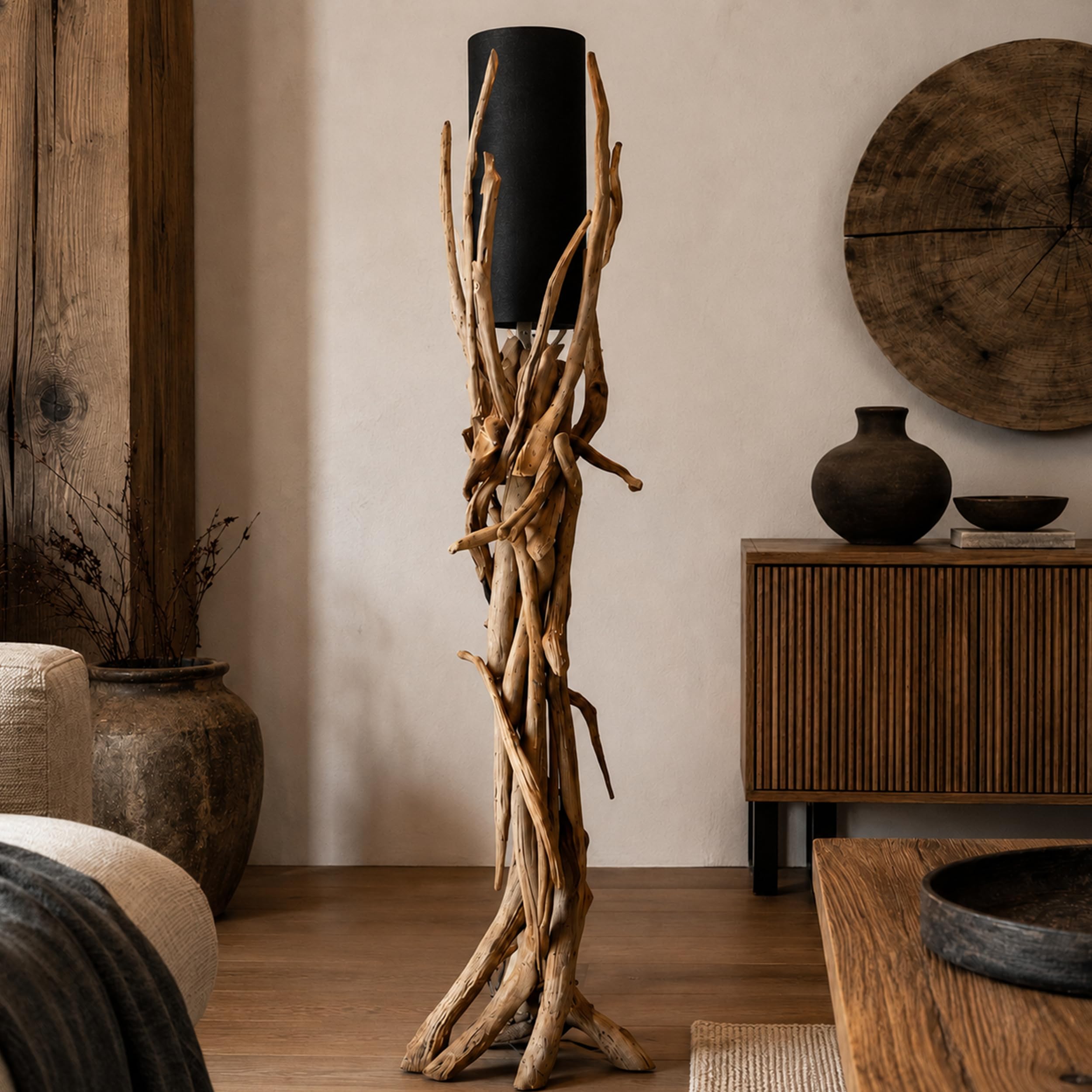 Bressmer VILLA Premium-Qualität Treibholz-Stehlampe | Handgefertigte Stehlampe aus recyceltem Teakholz | Luxuriöse Stehleuchte Holz für das Wohnzimmer mit schwarzem Leinenschirm & E27-Fassung