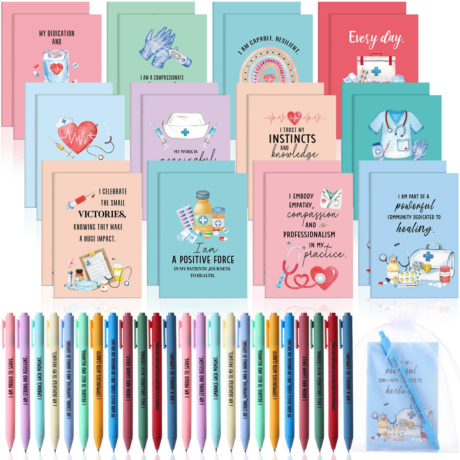 Mooliwe 24 Pcs Affirmation Notebooks Pens Bulk Gifts, Gratitude,Nurse