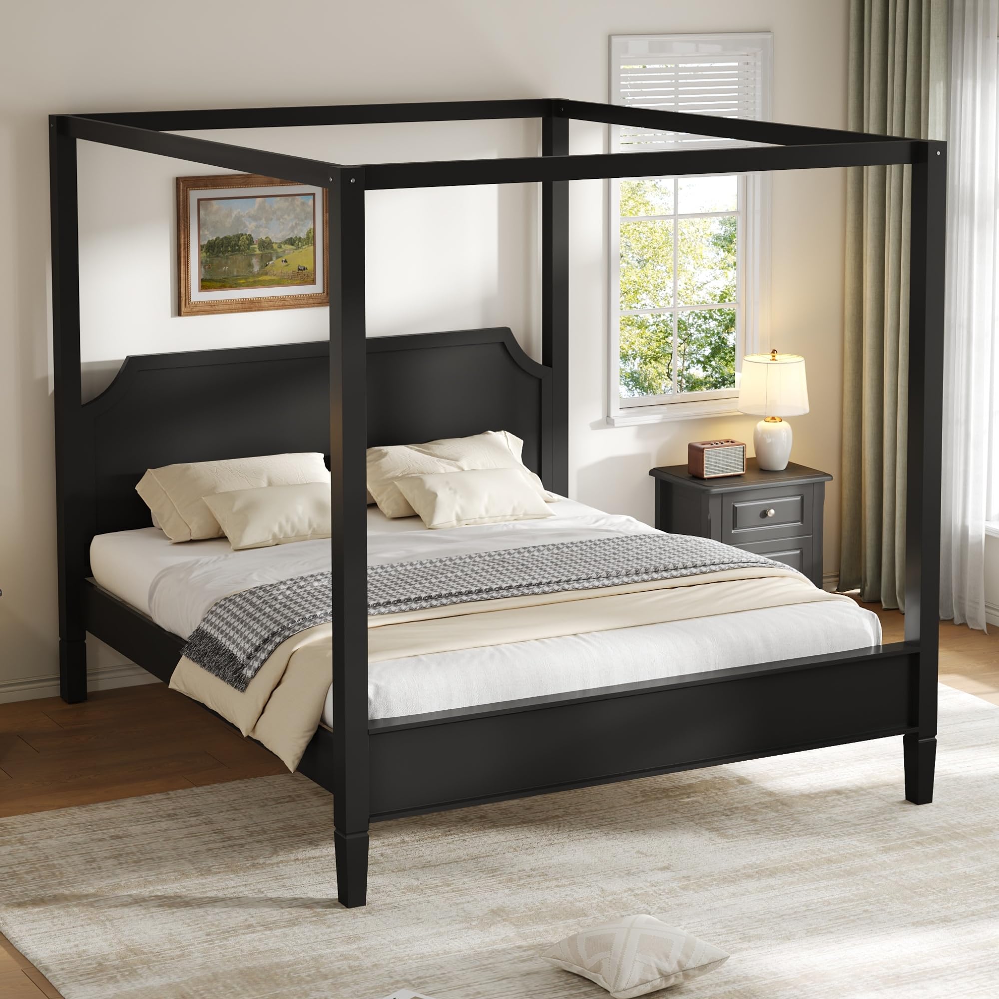 Photo 1 of *** PARTIAL SET BOX 2 OF 2***
Canopy Bed Frame Queen, Wooden Canopy Platform Bed with Headboard and Support Legs, No Box Spring Needed, Black