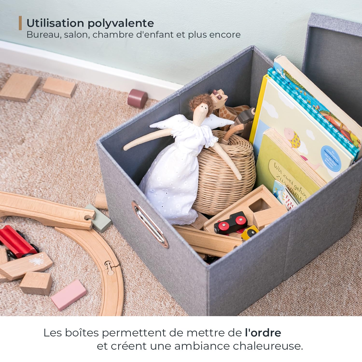 HMF Boîte de rangement avec couvercle pour dossiers suspendus DIN A4 | boite dossier suspendu | convient pour Kallax | 33 x 37,5 x 28 cm | Gris
