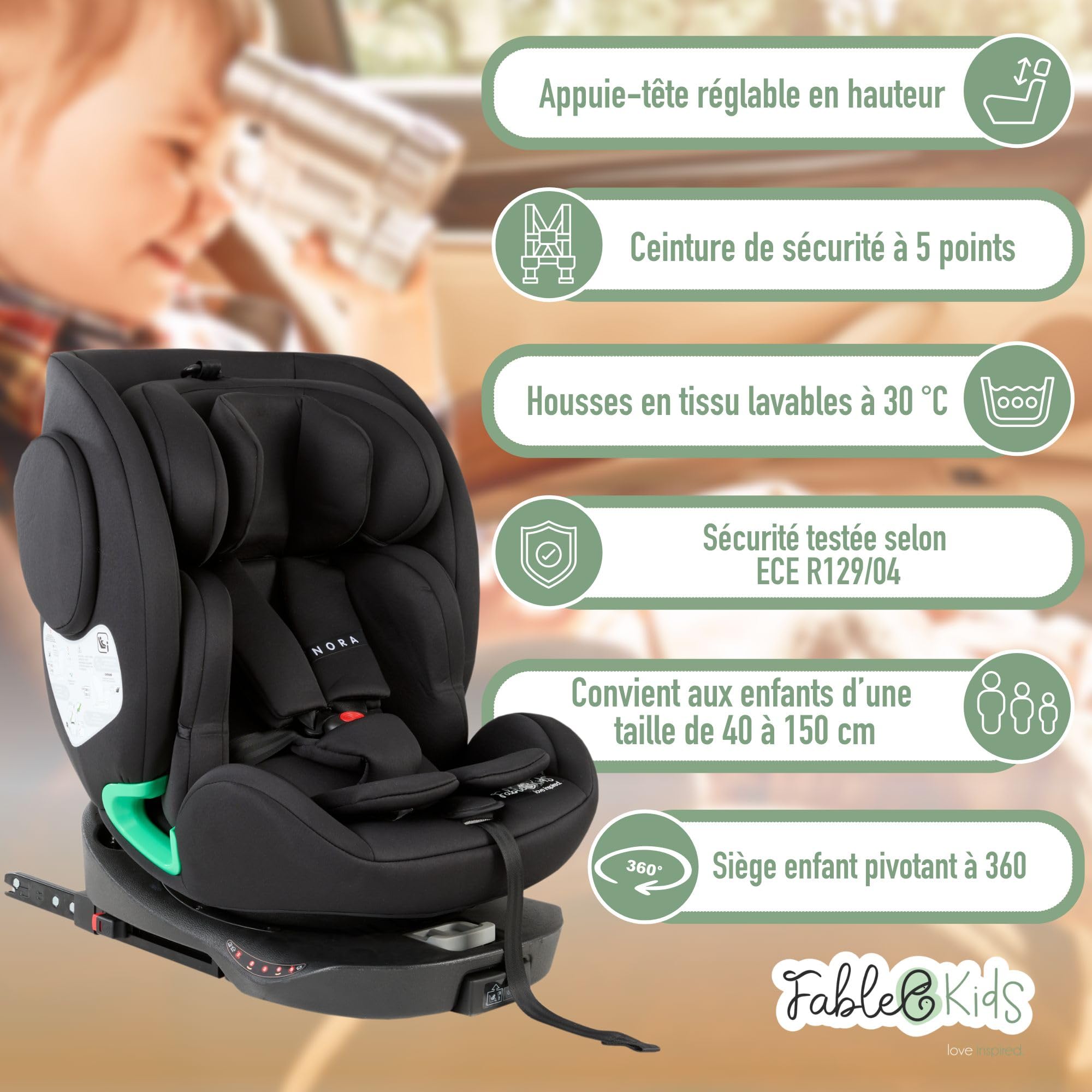 FableKids Siège enfant NORA noir | Siège auto i-Size pivotant à 360° 40-150 cm | Siège dos à la route avec ISOFIX et jambe de force | Appuie-tête et dossier réglables en hauteur | Certifié ECE R129/04 - 2