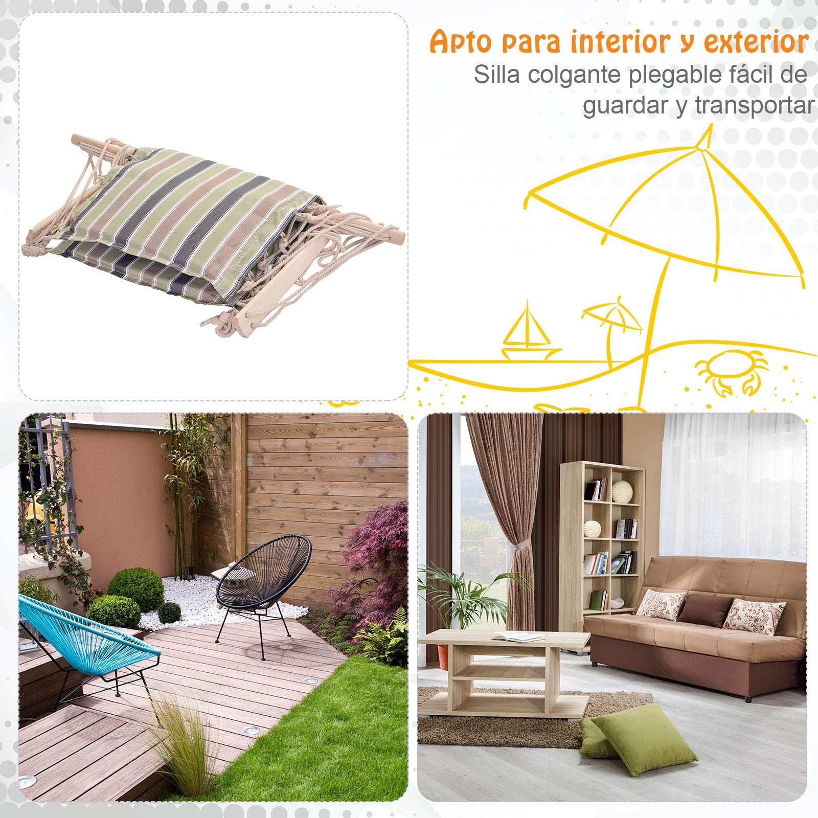Outsunny Sedia sospesa a righe amaca con cuscino poggiatesta per interno esterno 100 x 106 cm Carico massimo 105 kg