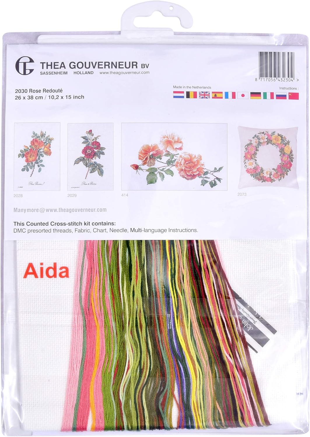 Thea Gouverneur - Counted Cross Stitch Kit - Rose Redouté - Aida - 18 Count - Embroidery Kit for Adults - DMC Embroidery Threads and Other Cross Stitch Supplies Included - 2030A