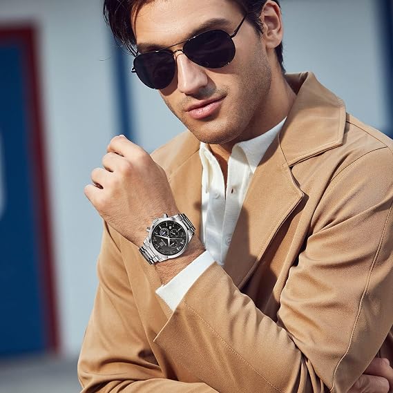 BENYAR Men's Watch Waterproof Chronograph Luminous Classic Watches Leather Strap Large Dial Date Analogue and Anti-Scratch Elegant Gift (Black Black)