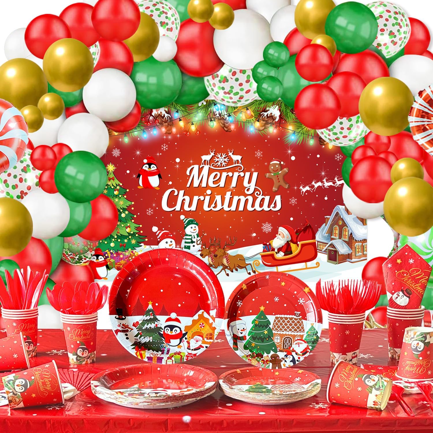 Christmas Party Decorations Dinnerware Set,225 PCS Xmas Party Decoration with Merry Christmas Plates and Napkins Cups Banner Tablecloth Balloons Backdrop for Holiday Party Supplies Serve 20