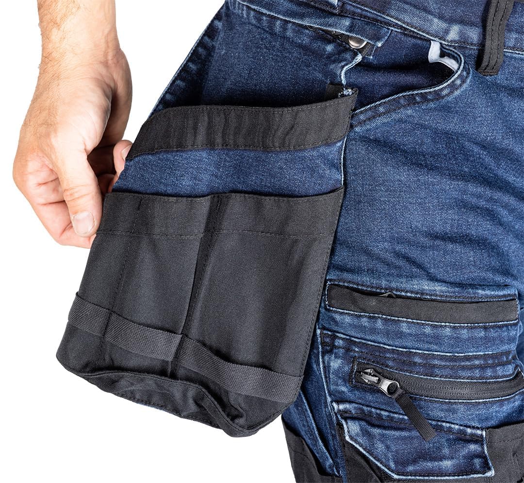 NEO TOOLS Pantalones de trabajo resistentes para hombre, de tela vaquera, 400 g/m², con bolsillos acolchados en las rodillas, refuerzos de cordura y porcentaje elástico