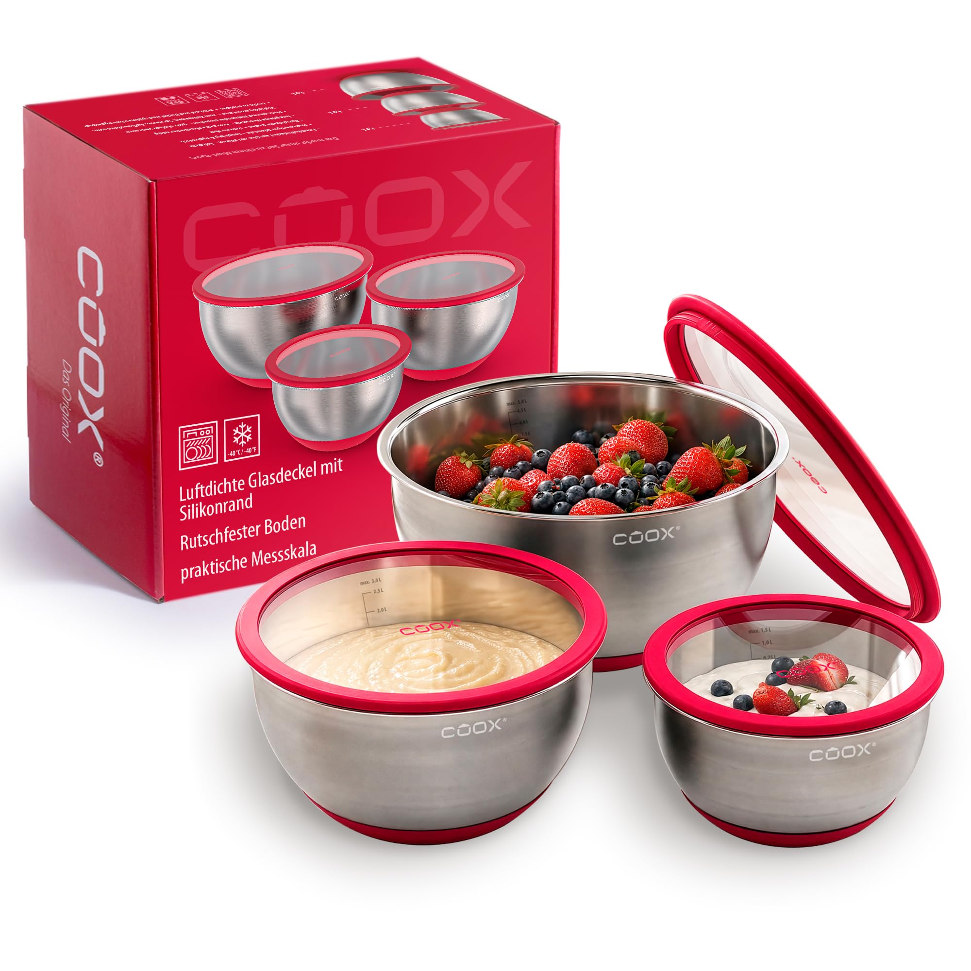 coox Schüssel-Set mit Deckel 3-teilig – Rührschüsseln aus Edelstahl 18/8 – 1,5 L, 3 L & 5 L – Edelstahlschüsseln mit Glasdeckel, Messskala & rutschfestem Silikonboden – stapelbar ROT