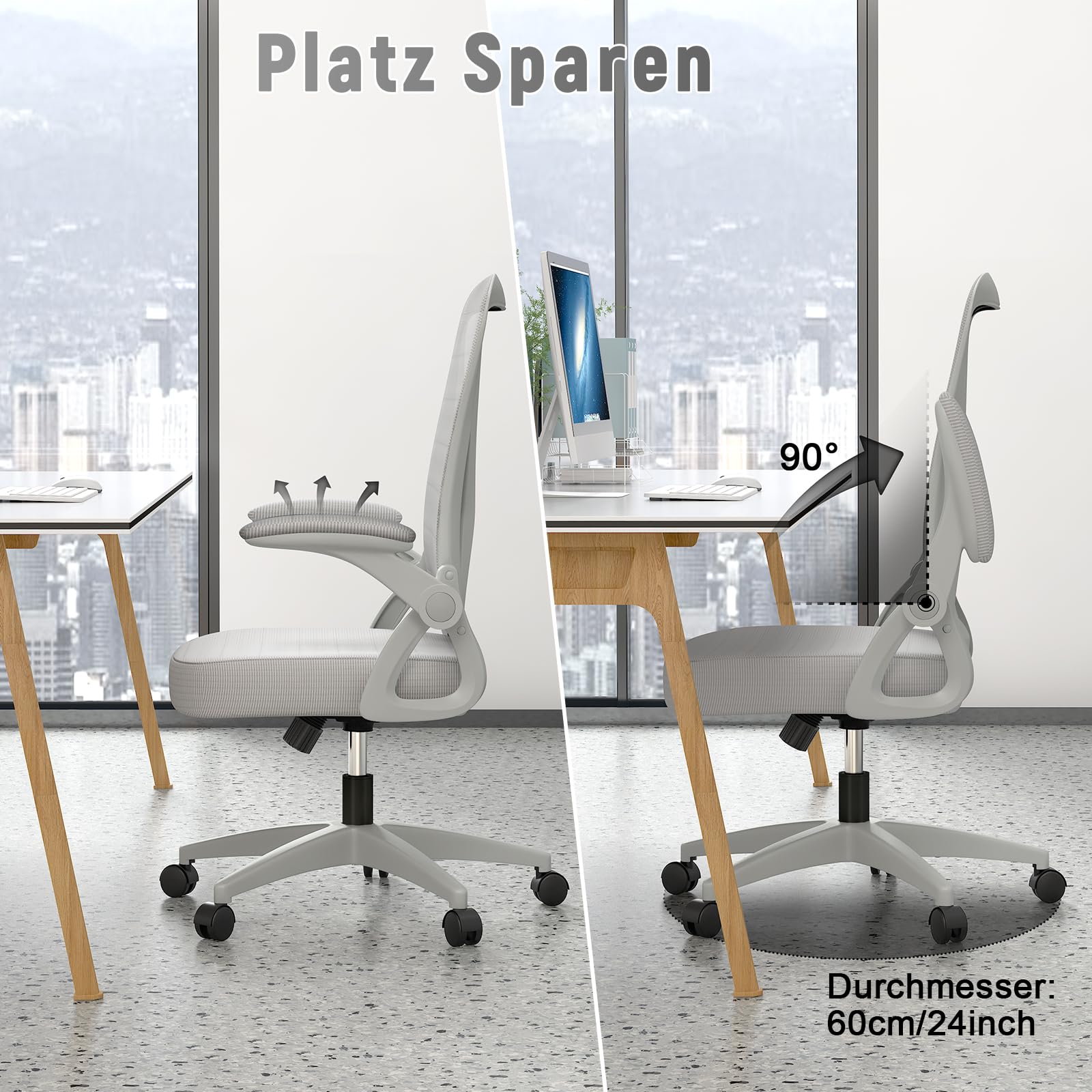 rattantree Bürostuhl mit Hochklappbaren Armlehnen, Ergonomischer Schreibtischstuhl mit Lendenwirbelstütze, Höhenverstellbar, Platzsparend, Drehstuhl für das Büro, Grau, X22F00M022