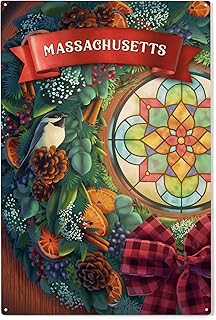Lantern Press 10x15 Inch Wood Sign, Ready to Hang Wall Decor, Massachusetts, Front Door with Christmas Wreath