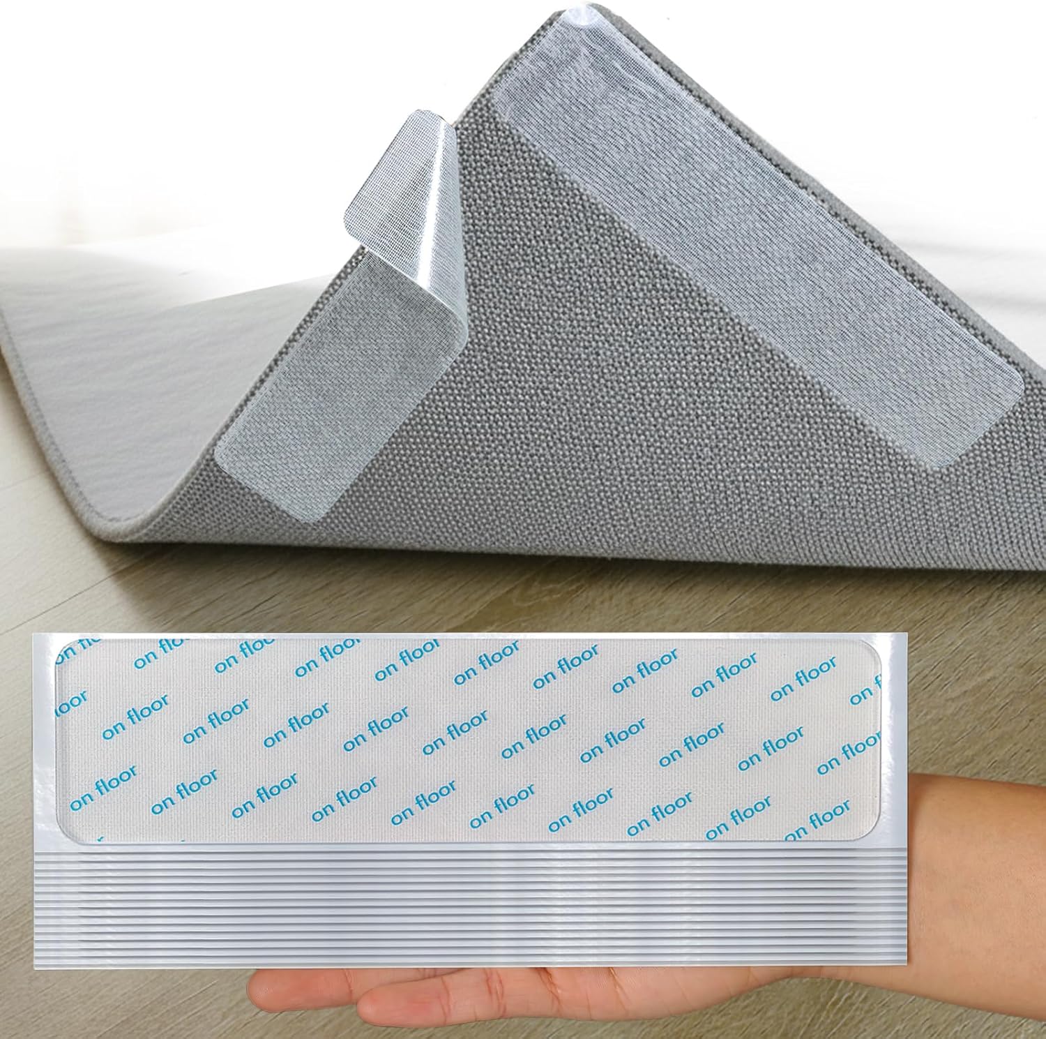 Rug Carpet Non Slip Grippers, 24Pcs Large Carpet Tape Pads Reusable, Removable Strong Adhesive Without Residue, Double Sided Rug Carpet Tape Strips
