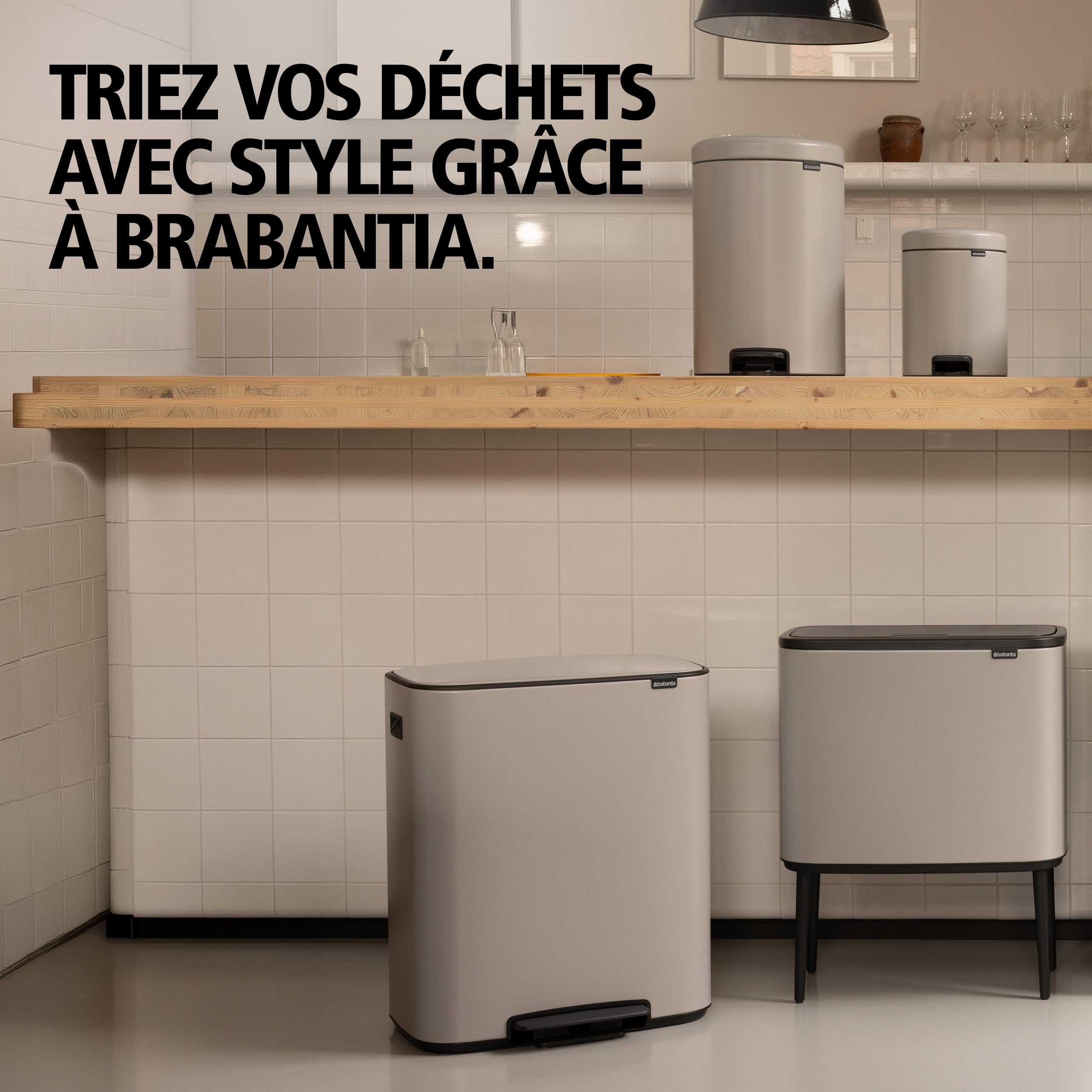Brabantia Poubelle Bo 2x30L (Gris clair) – Poubelle cuisine à pédale à fermeture progressive – Système de tri des déchets facile à nettoyer, 2 seaux amovibles – Sacs-poubelle PerfectFit inclus