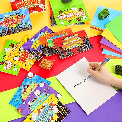 Miniatura 4 de Cholemy 40 tarjetas de agradecimiento de héroe surtido con sobres, tarjetas plegadas de agradecimiento coloridas cómicas para niños, aulas, escuela,