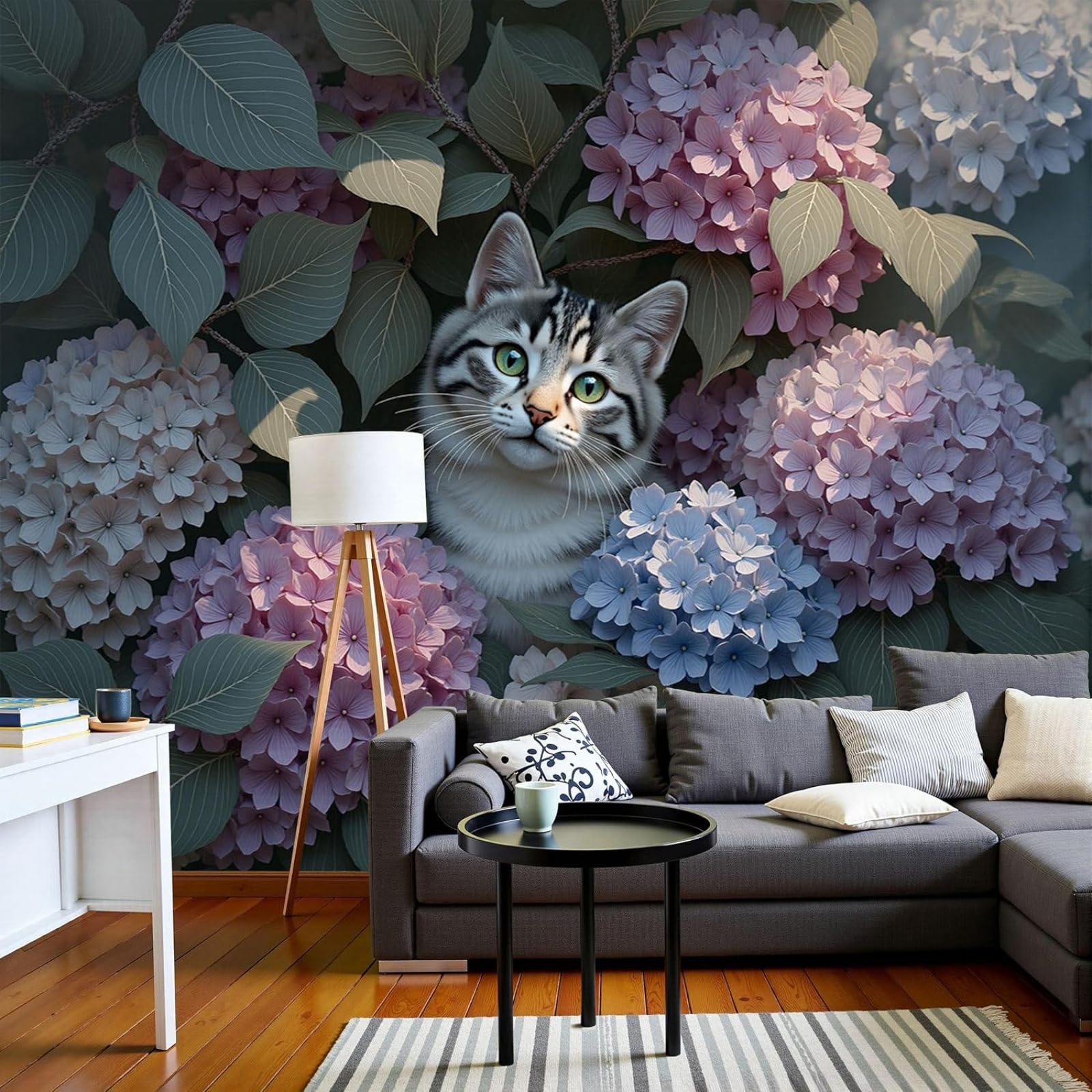 Papier peint hortensias et chat pour une chambre d'enfant moderne et cosy