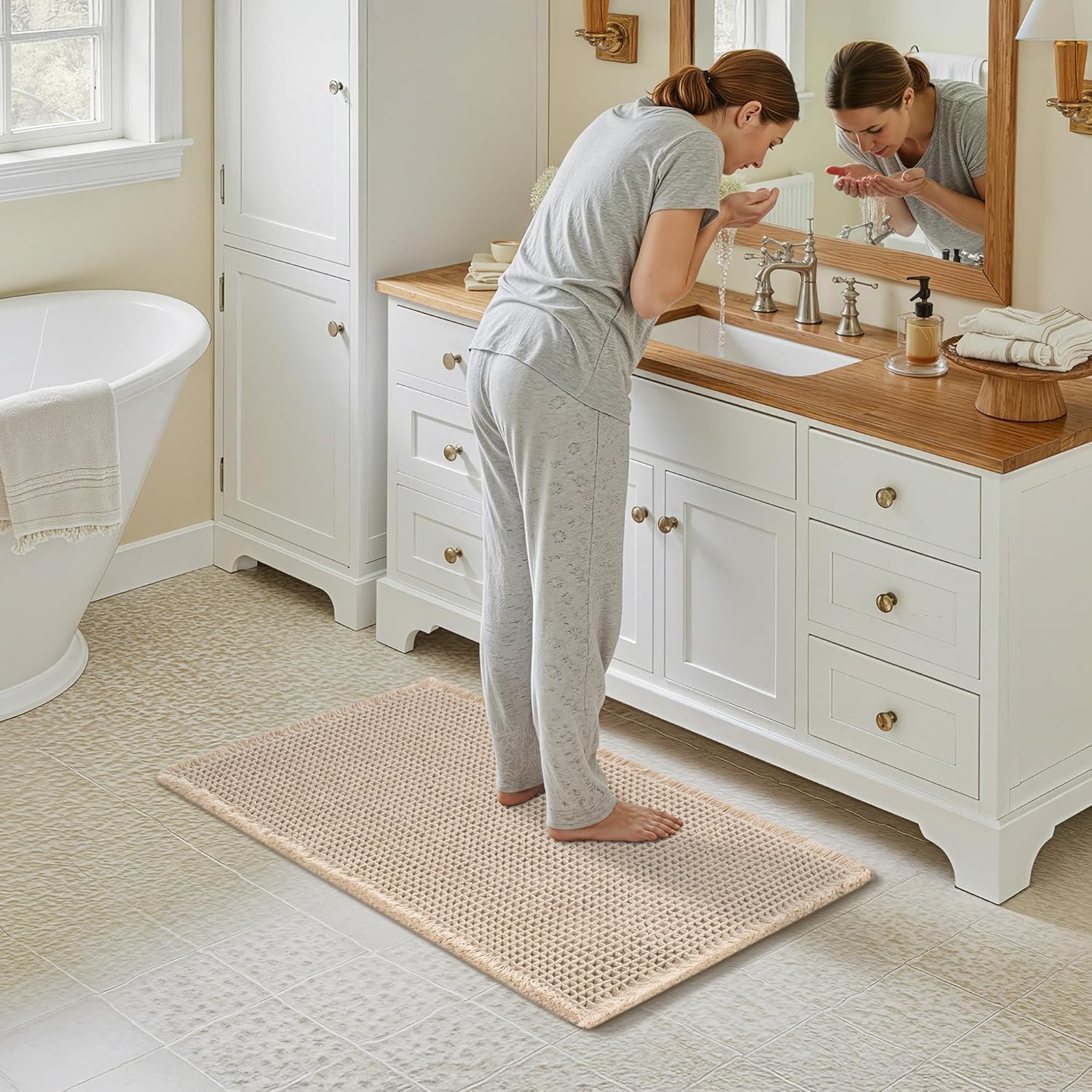 GRANNY SAYS Waffle Bath Mat 24" x 36", Boho Bathroom Rugs Non Slip Washable, Extra Soft & Water Absorbent Bath Mats for Bathroom, Tan Waffle Bath Mat for Decor, Bath Rugs Quick Dry for Tub & Shower