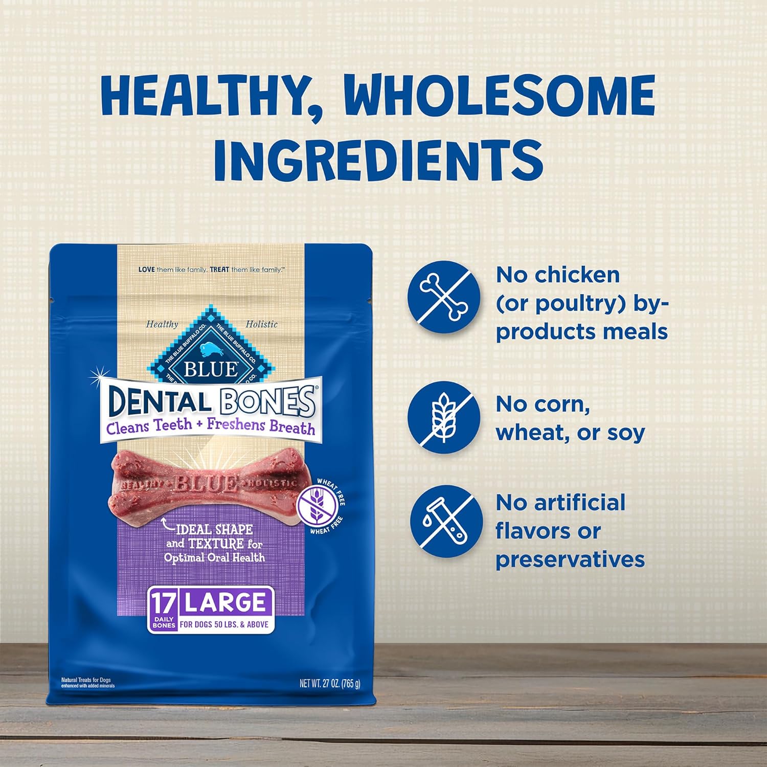 Blue Buffalo Dental Bones for Large Dogs 50 lbs. & Above, Daily Dental Dog Treats, Cleans Teeth & Freshens Breath, 27-oz. (17 Bones)