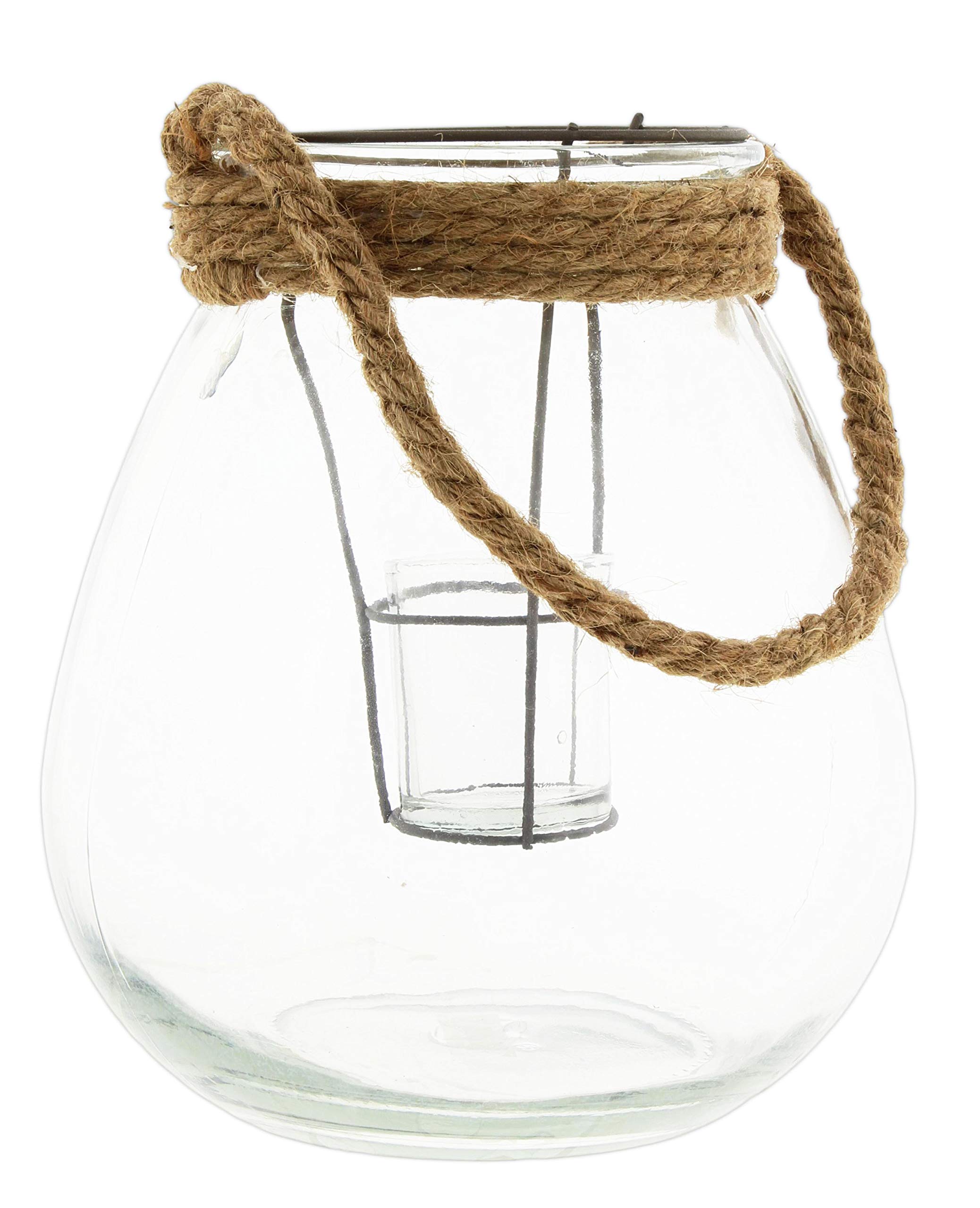 Rounded Clear Glass Candle Lantern Vase with Rope Handle (9")