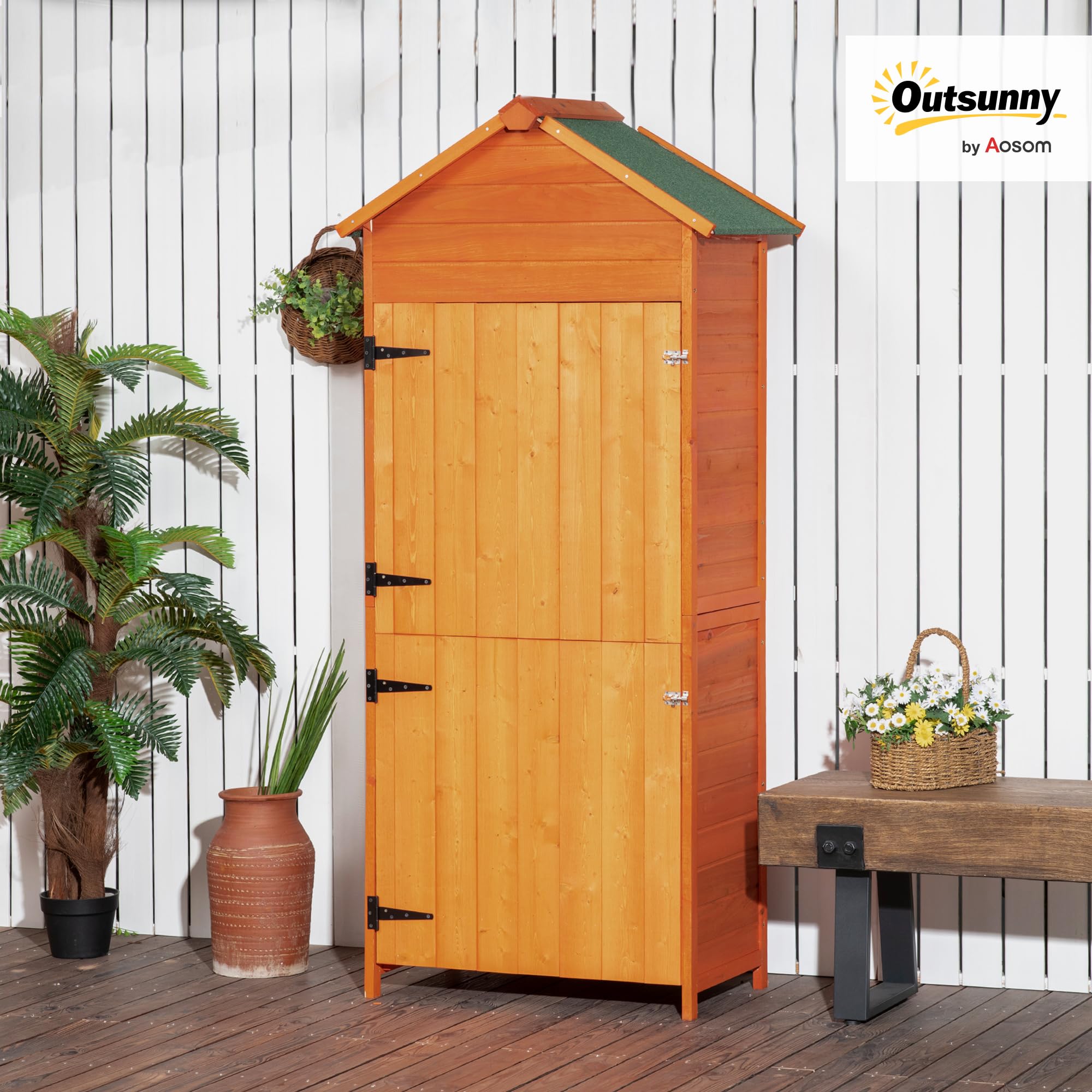 Outsunny Casetta da Giardino in Legno 2 Ante Armadio da Esterno 3 Ripiani 84x52x188cm