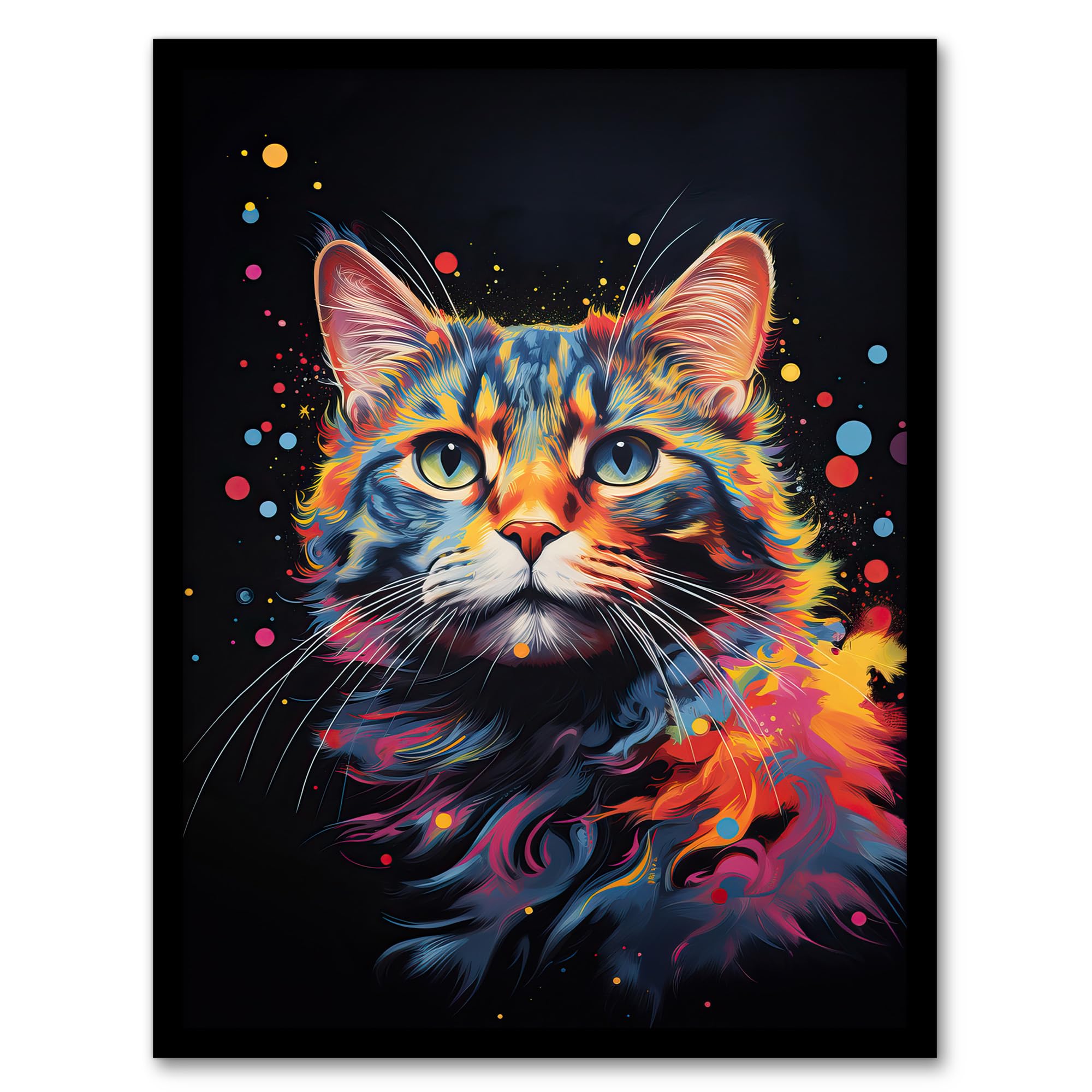 Artery8 Tabby Cat Lover Gift Pet Portrait Blue Pink Orange on Black Artwork Painting Artwork Framed Wall Art Print A4