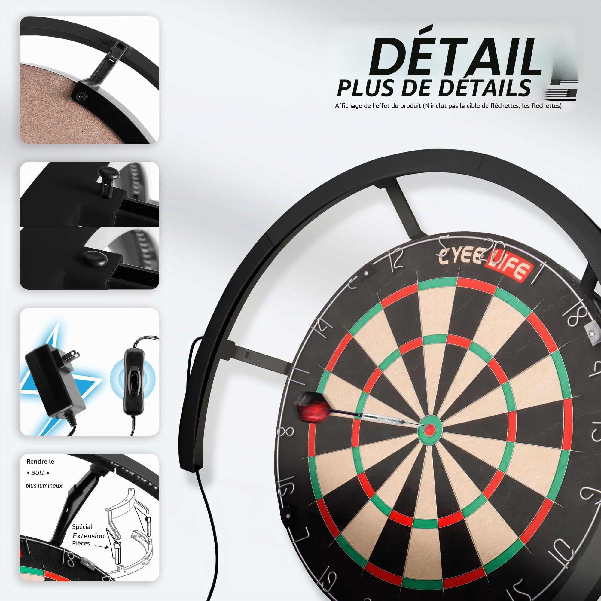 CyeeLife Éclairage LED pour cibles de fléchettes - Système d'éclairage LED - s'adapte en Toute sécurité à Toutes Les Planches de fléchettes, Montage Facile (Noir, 270°)