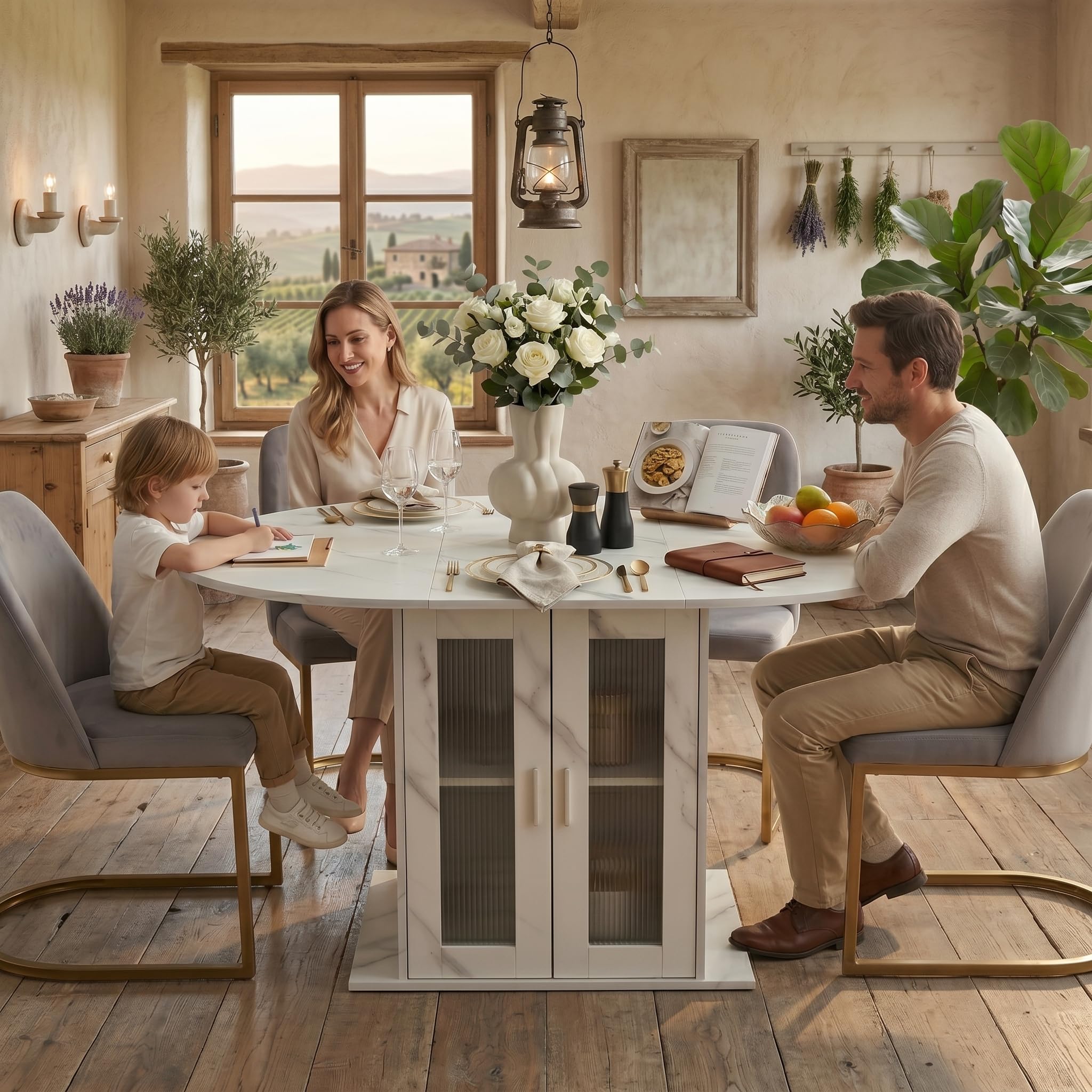 Tavolo da pranzo allungabile rotondo, 100-140 cm, tavolo da cucina con ripiani rimovibili, tavolo da pranzo rotondo ovale con vano portaoggetti, tavolo bianco per un piccolo frigorifero