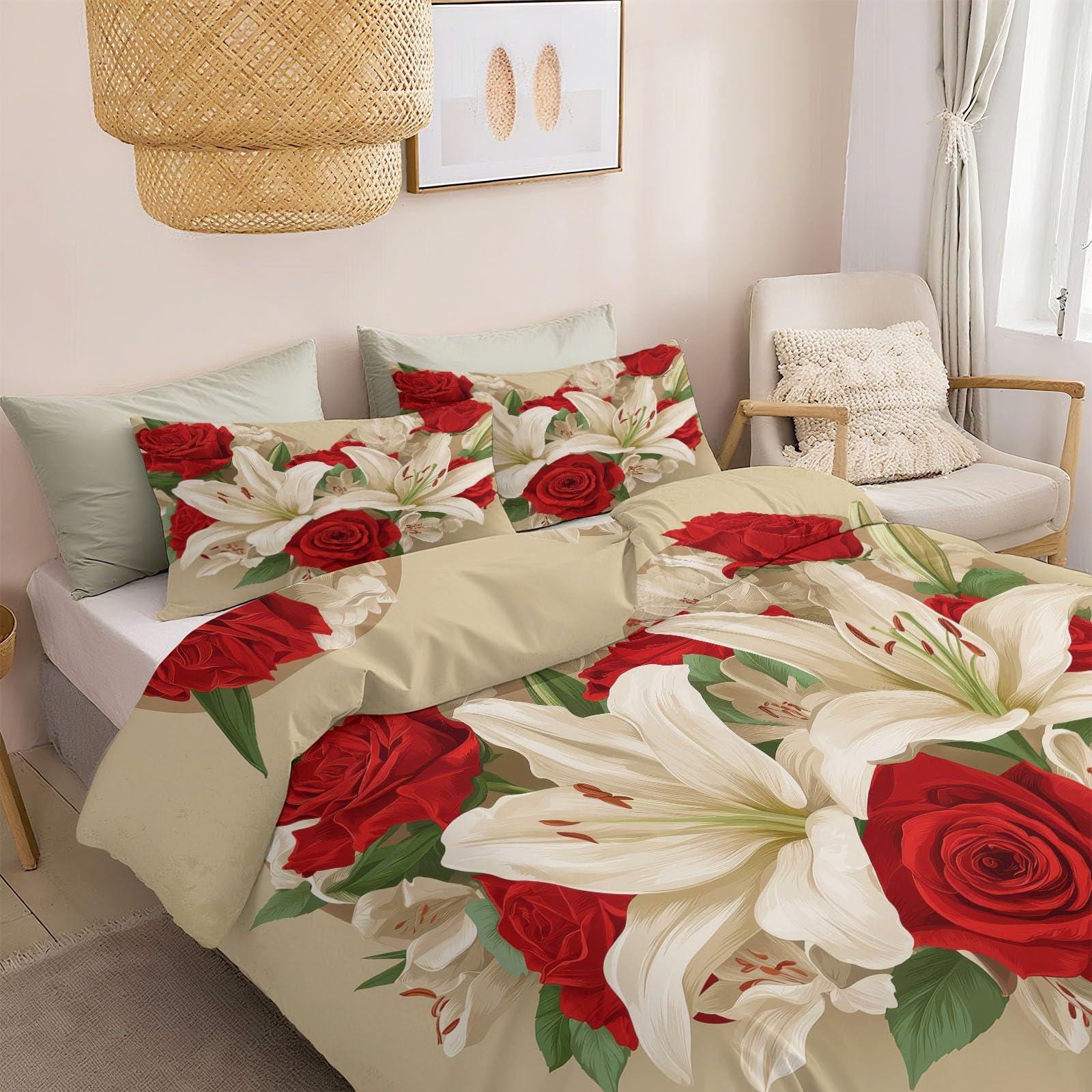 Zestaw pościeli 150 x 220 cm Romantyczna dwustronna poszwa na kołdrę roślina kwiat francuska poszwa na kołdrę miękki i oddychający zestaw pościeli - luksusowa sypialnia z poszewkami na poduszki