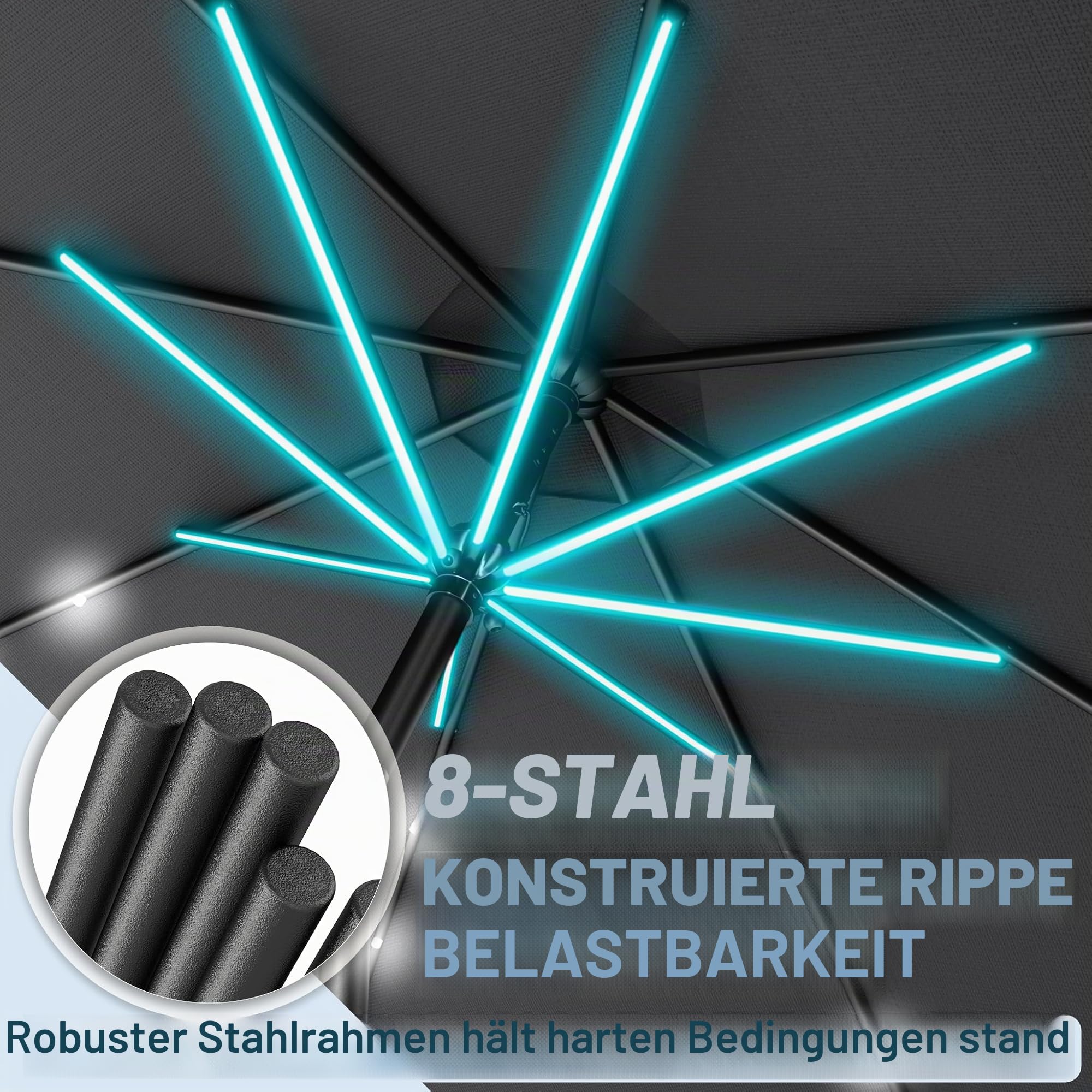 LZQ Sonnenschirm Balkon Ø 350cm Gartenschirm mit Solar LED Beleuchtung Alu Marktschirm mit Handkurbel Strandschirm Rund Terrassenschirm Wasserabweisende UPF 40+(Dunkelgrau, Winkel Nicht Verstellbar)