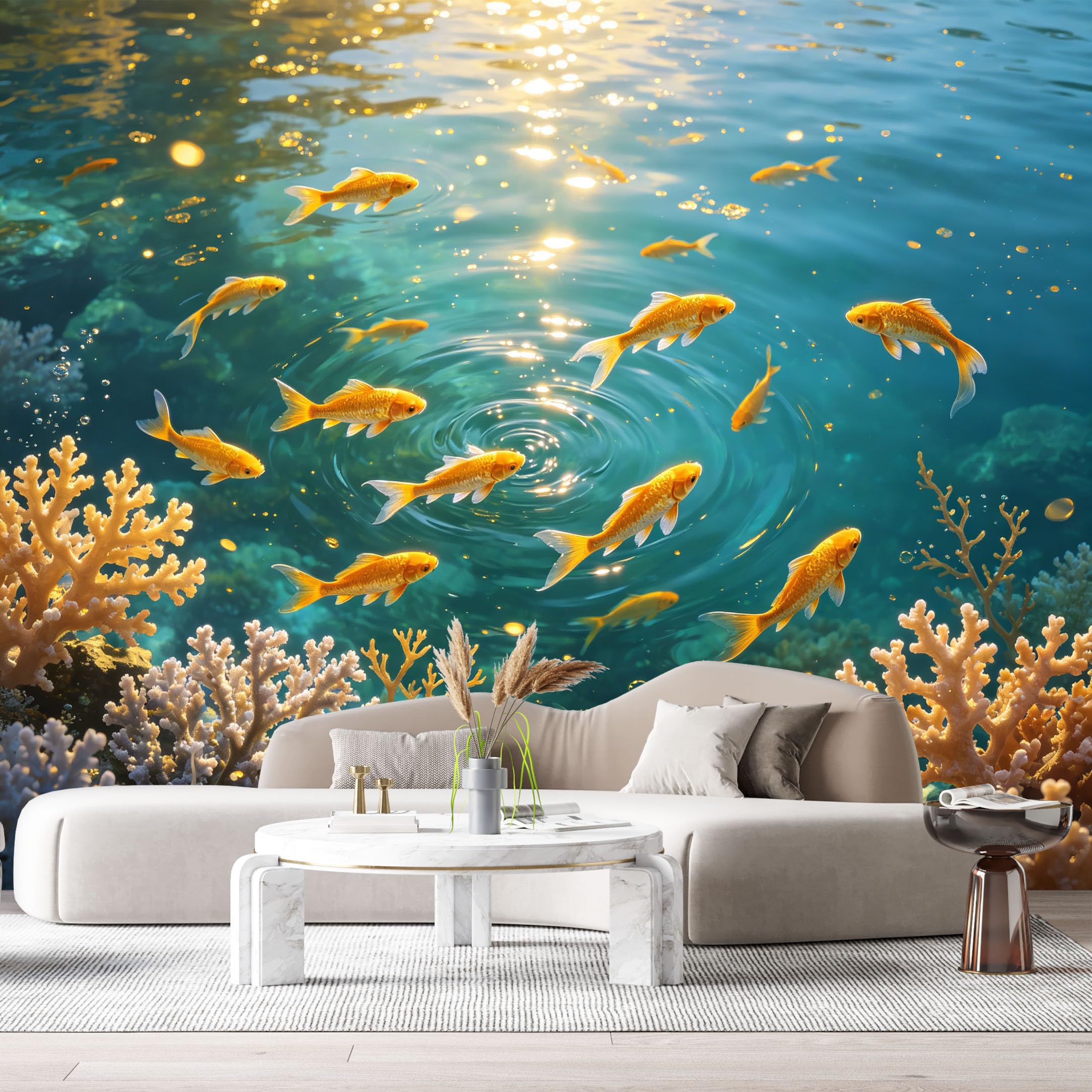 Custom Size Wall Murals Ocean Marine Goldfish Sunlit Ripples Watercolor SelfAdhesiveWall Fabric Removable Wallpaper Wall Decor for Living Room Bedroom Bathroom