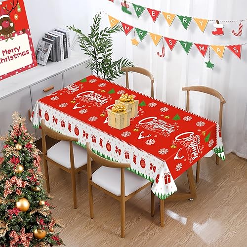 Miniatura 2 de Paquete de 4 manteles de Navidad, manteles de Navidad desechables de plástico rectangulares de 54 x 108 pulgadas, decoración de árbol de Navidad,
