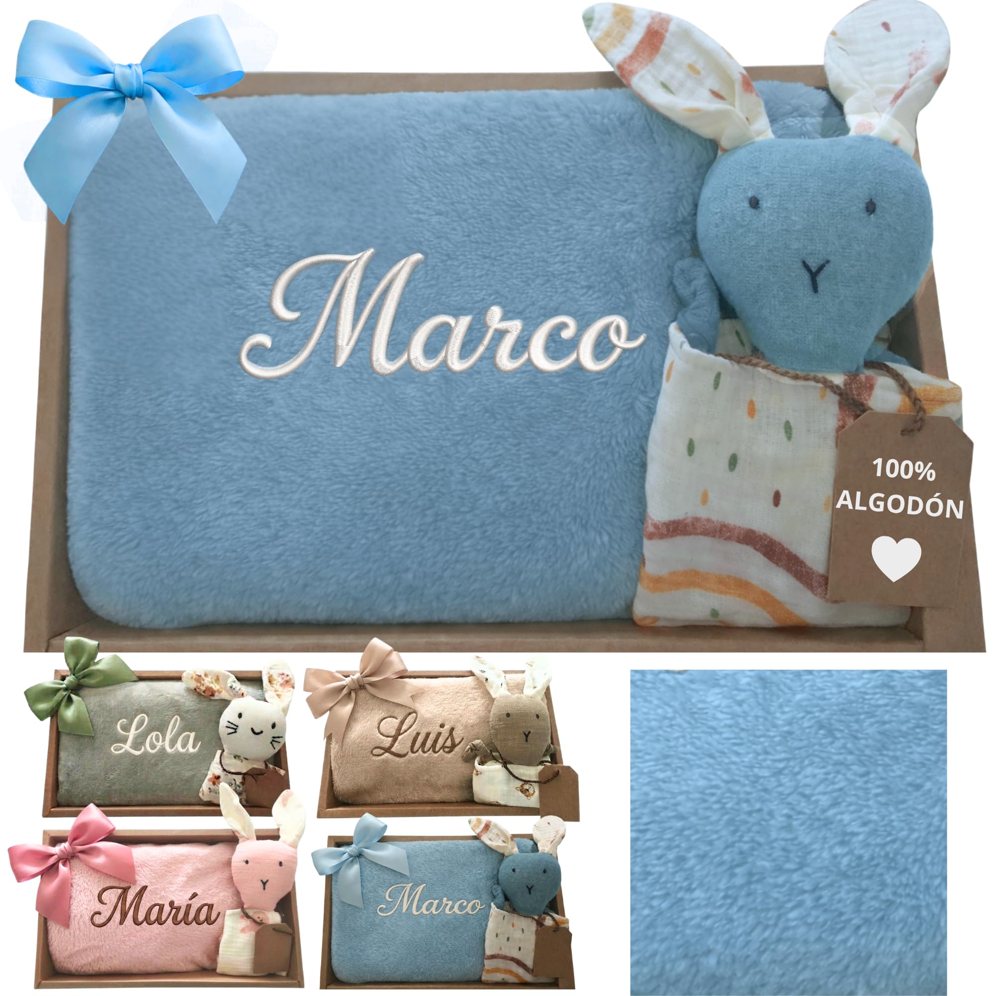 Manta Bebé Personalizada Nombre Bordado + Dou-Dou 100% Algodón - Fina y Ligera para Verano. Regalo Recién Nacido Niño Niña - Manta Suave y Peluche - Regalo Padres y Mamás Primerizas (Azul)